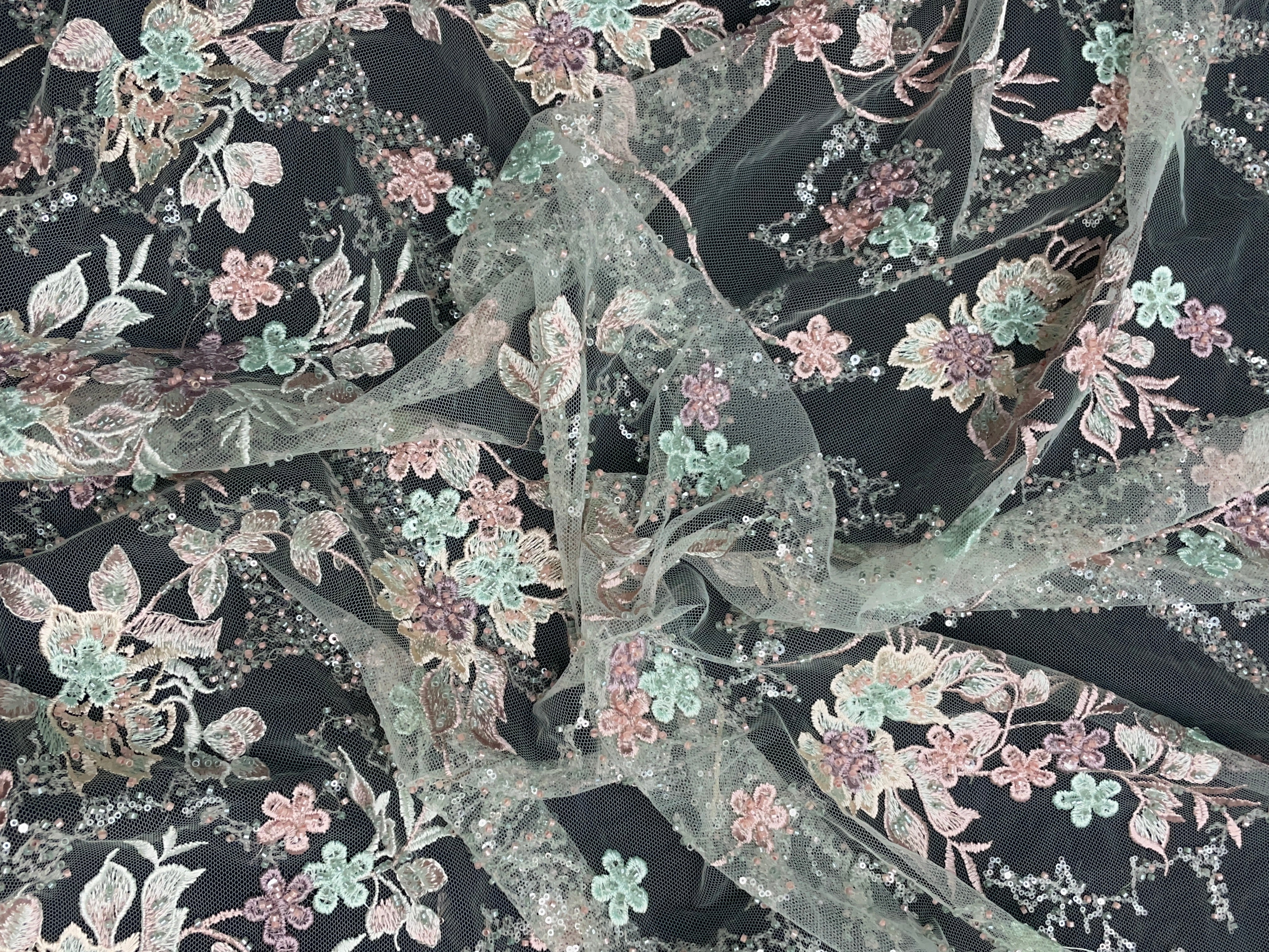 Sea Green Floral Embroidered Net Fabric - Kapda Shop