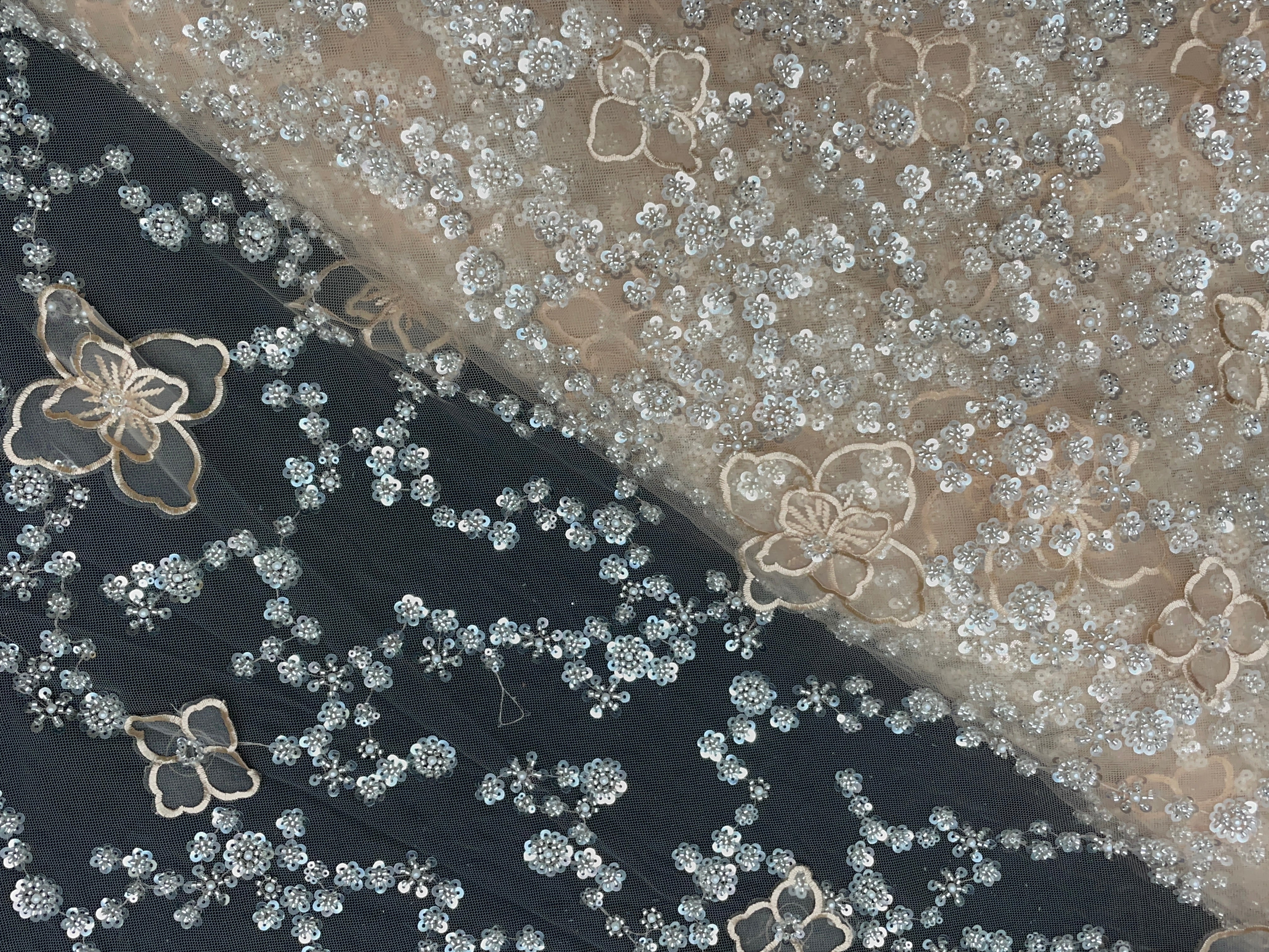 Light Gold Floral Embroidered Net Fabric - Kapda Shop