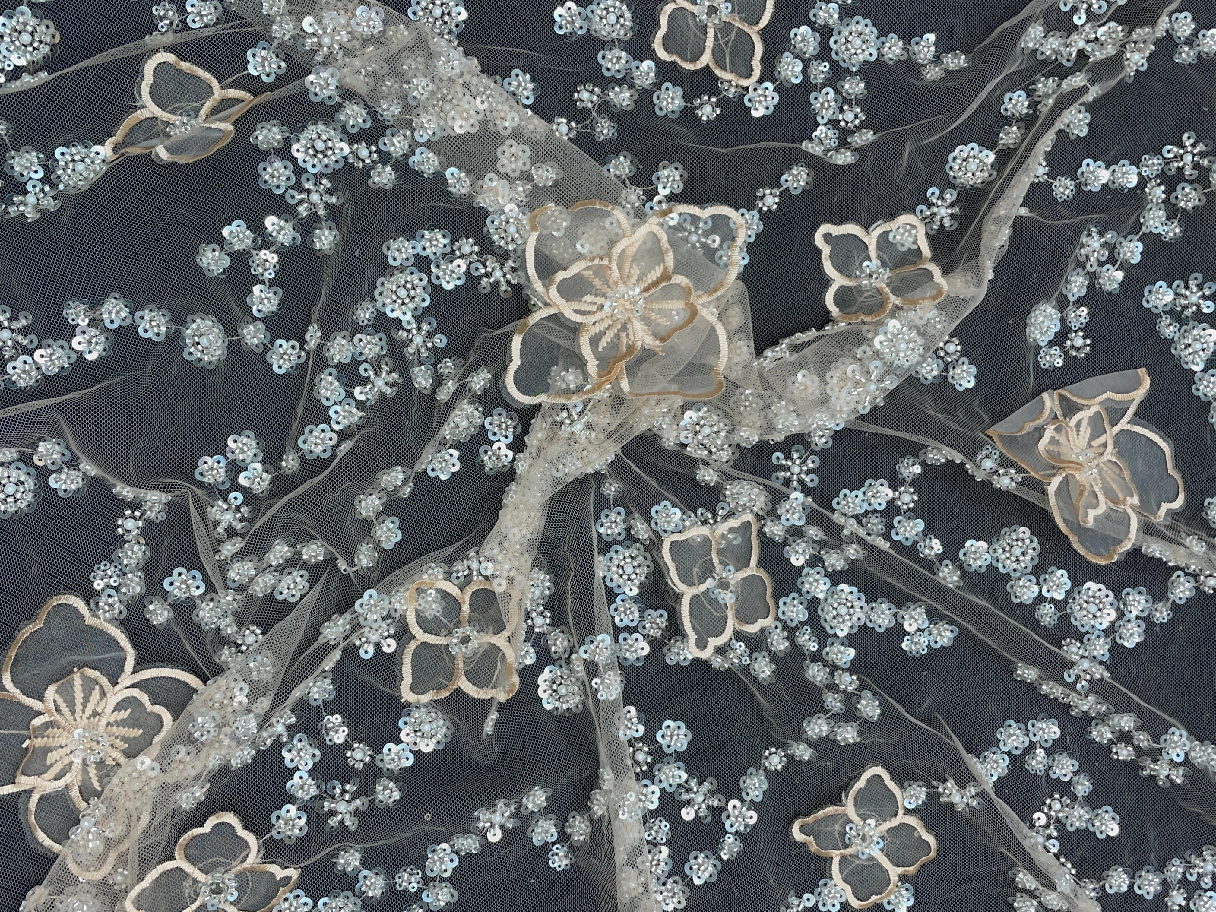 Light Gold Floral Embroidered Net Fabric - Kapda Shop