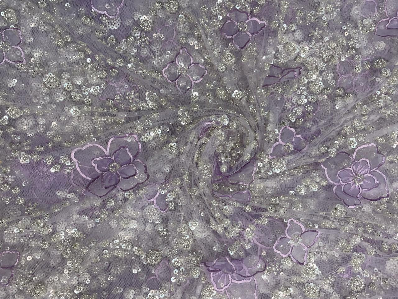 Lavender Floral Embroidered Net Fabric - Kapda Shop