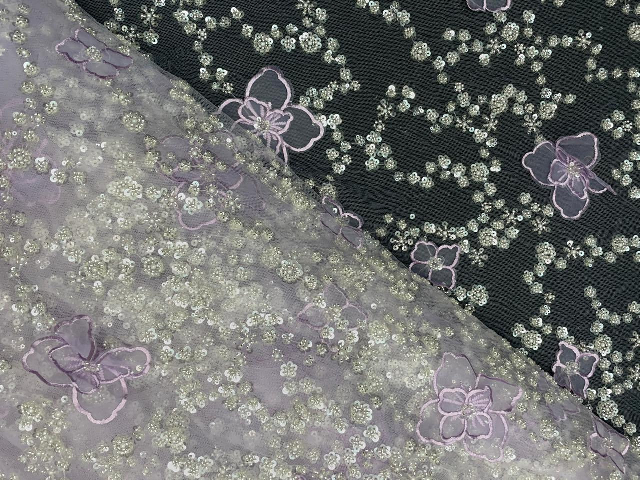 Lavender Floral Embroidered Net Fabric - Kapda Shop