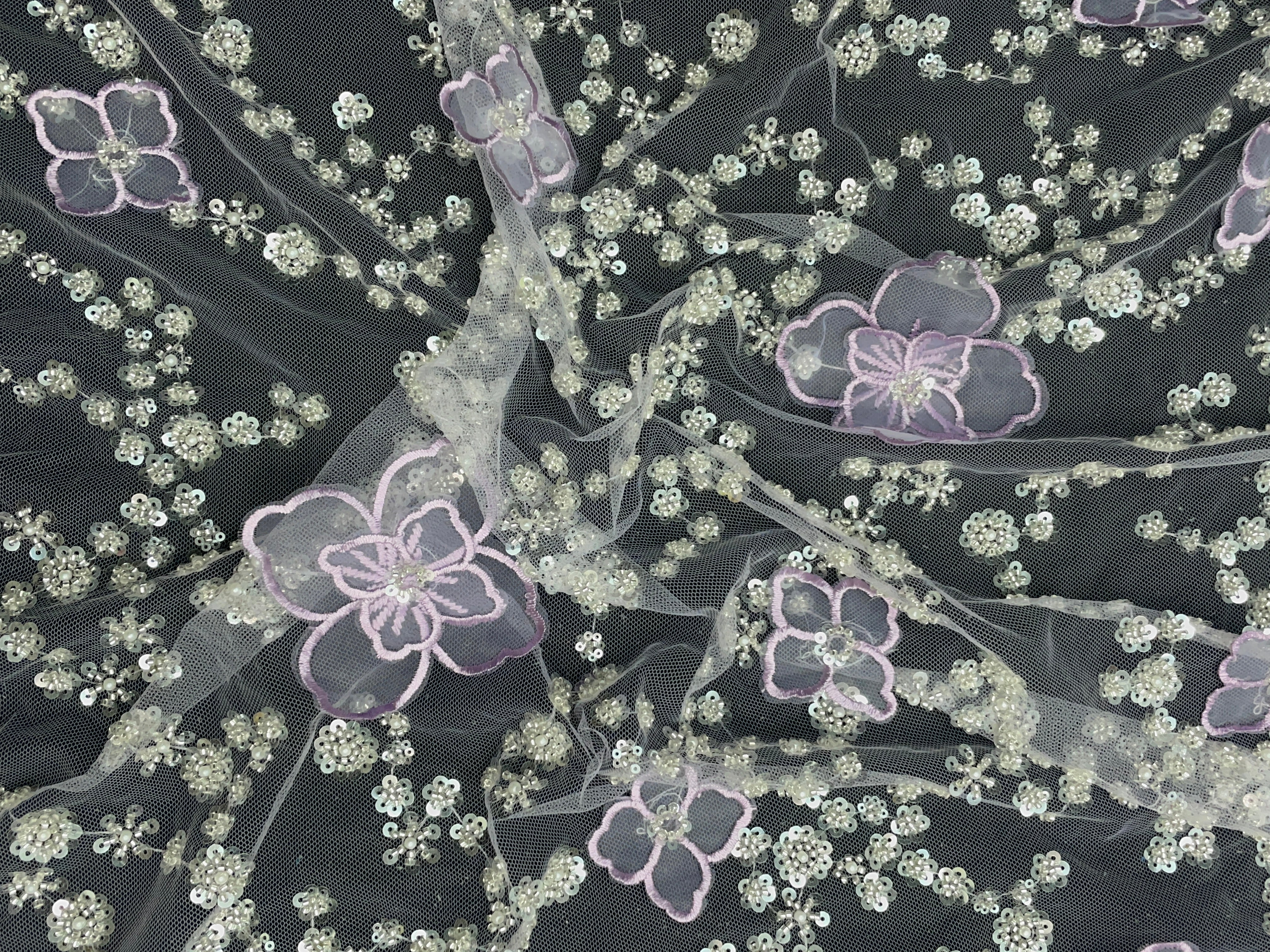 Lavender Floral Embroidered Net Fabric - Kapda Shop