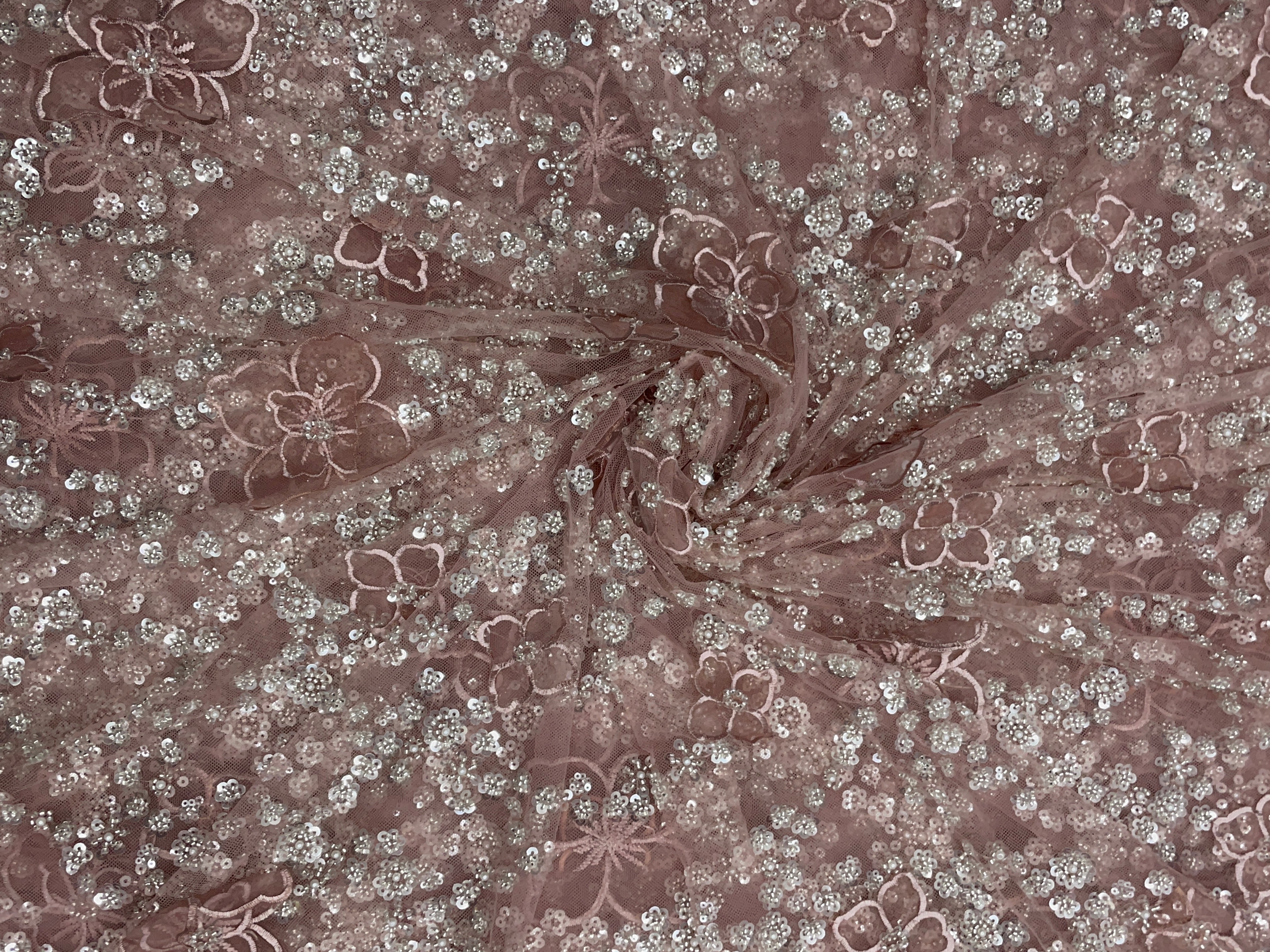 Peach Floral Embroidered Net Fabric - Kapda Shop