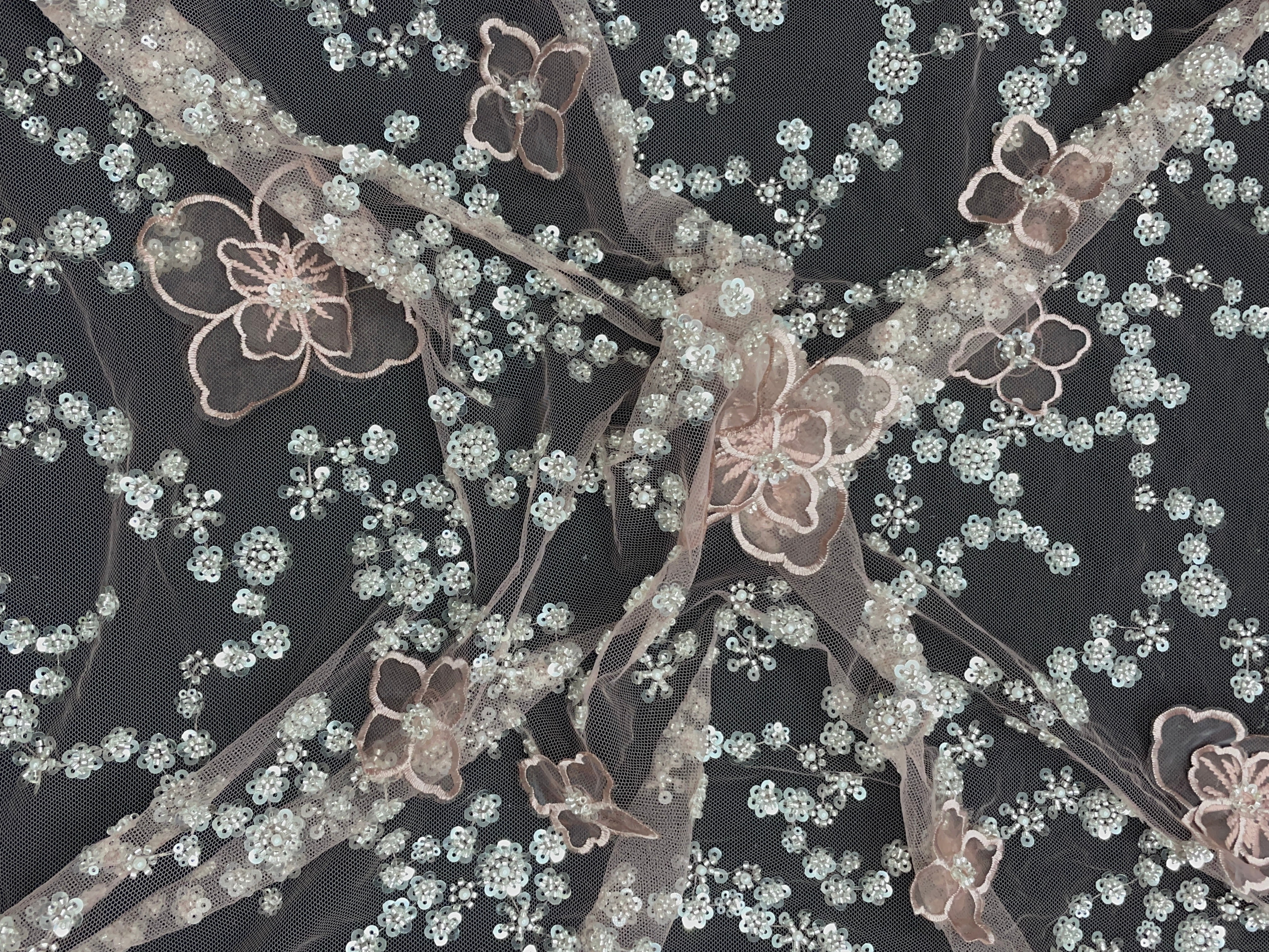 Peach Floral Embroidered Net Fabric - Kapda Shop