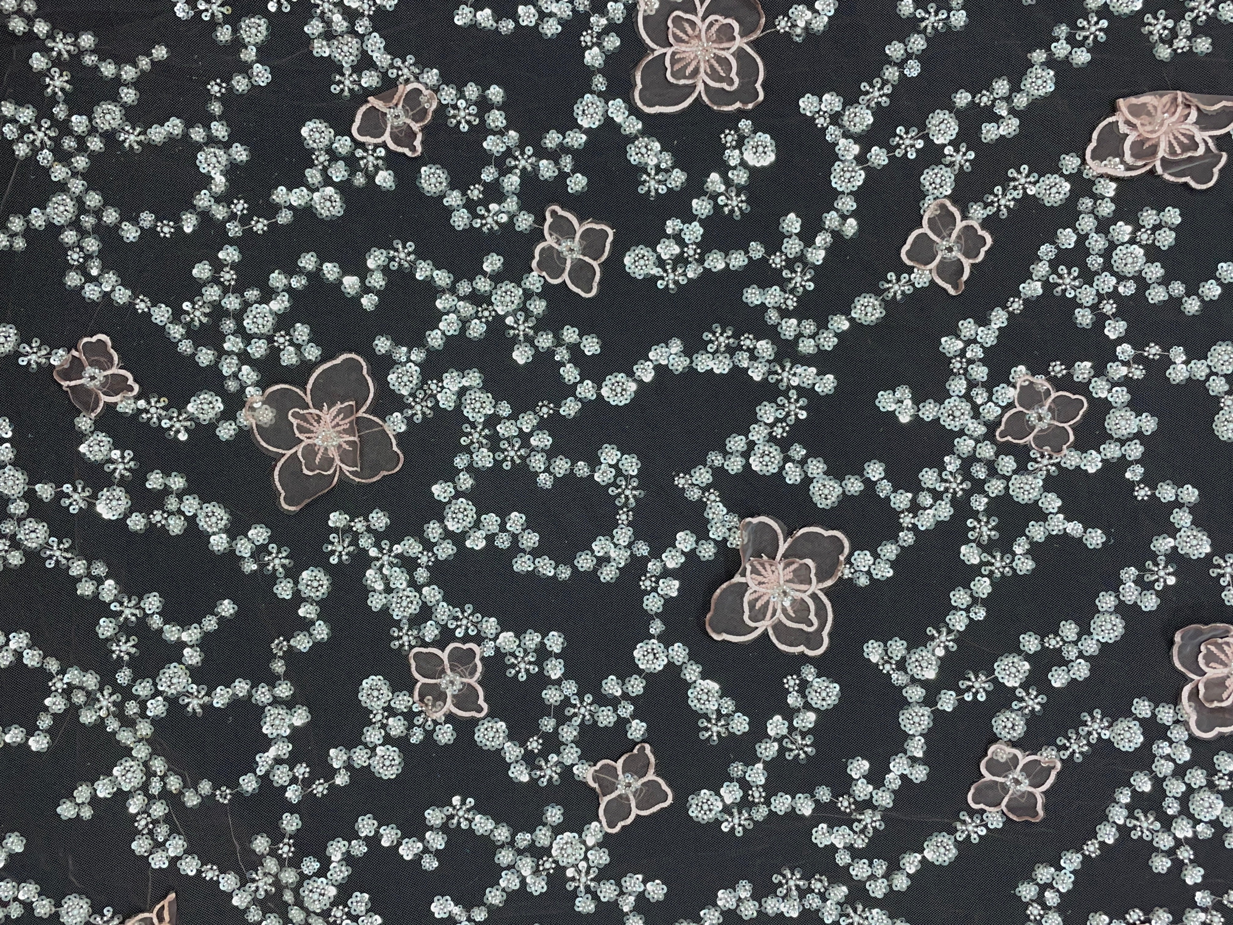 Peach Floral Embroidered Net Fabric - Kapda Shop