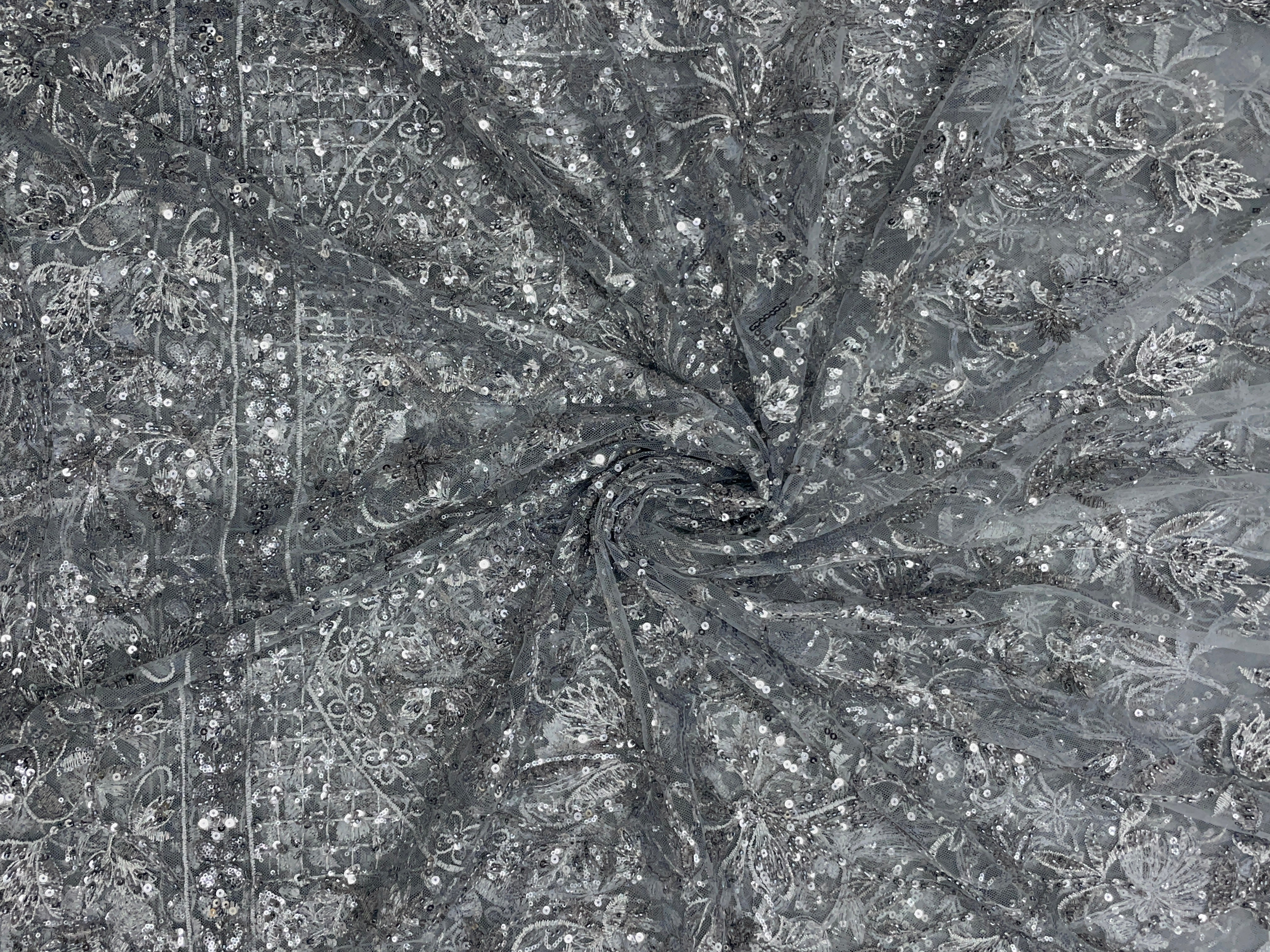 Grey Geometric Embroidered Net Fabric - Kapda Shop