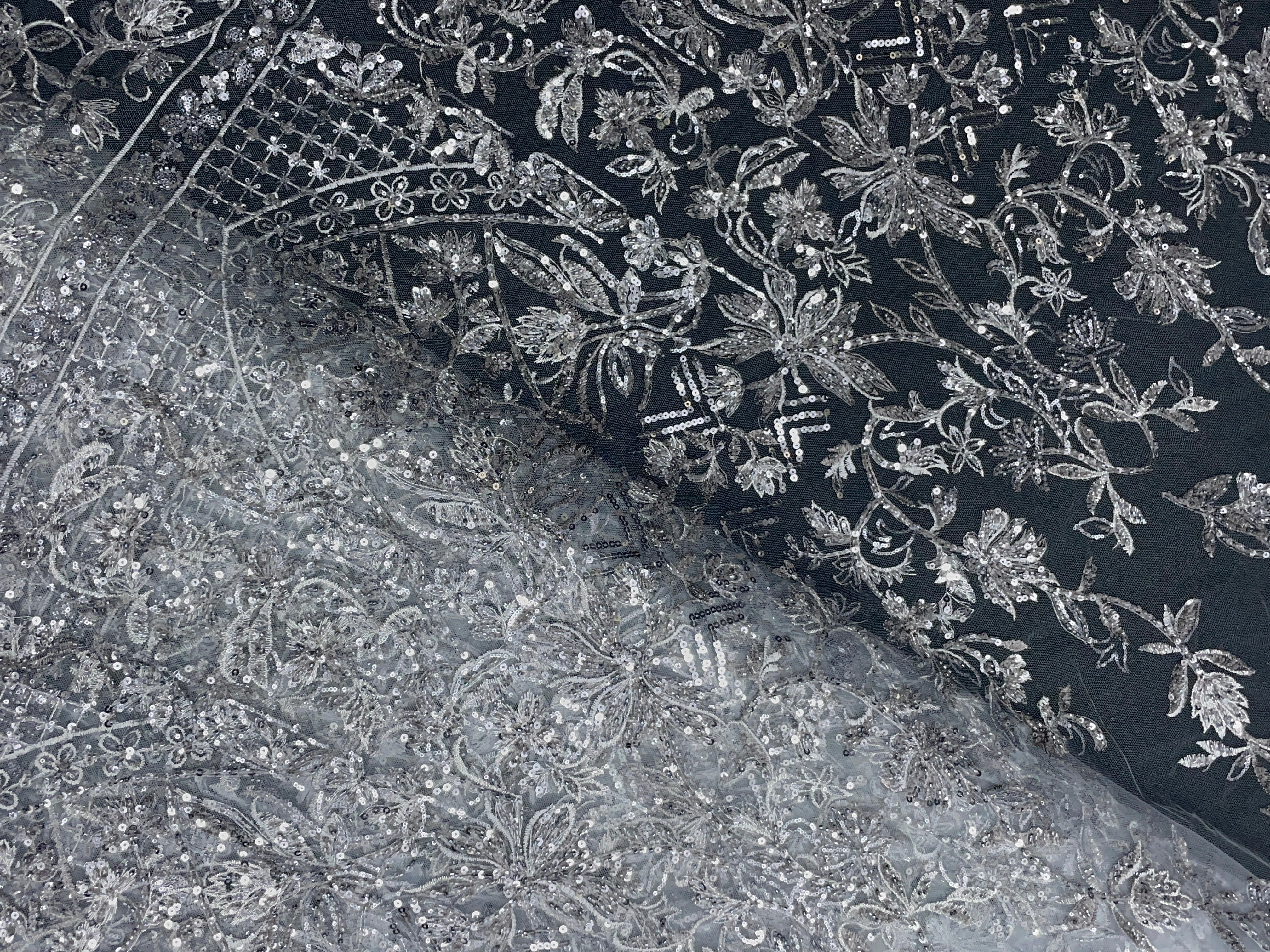 Grey Geometric Embroidered Net Fabric - Kapda Shop