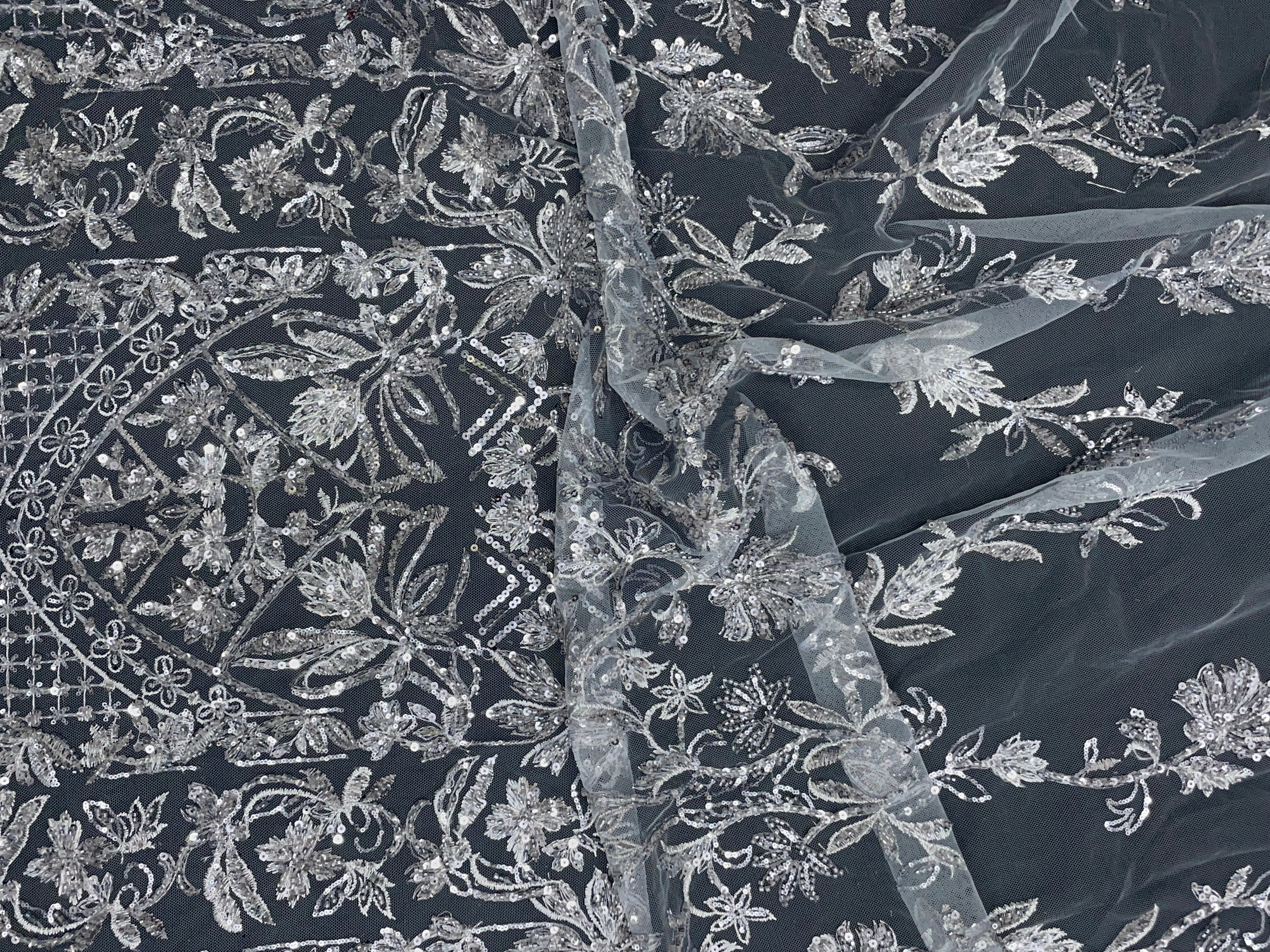 Grey Geometric Embroidered Net Fabric - Kapda Shop