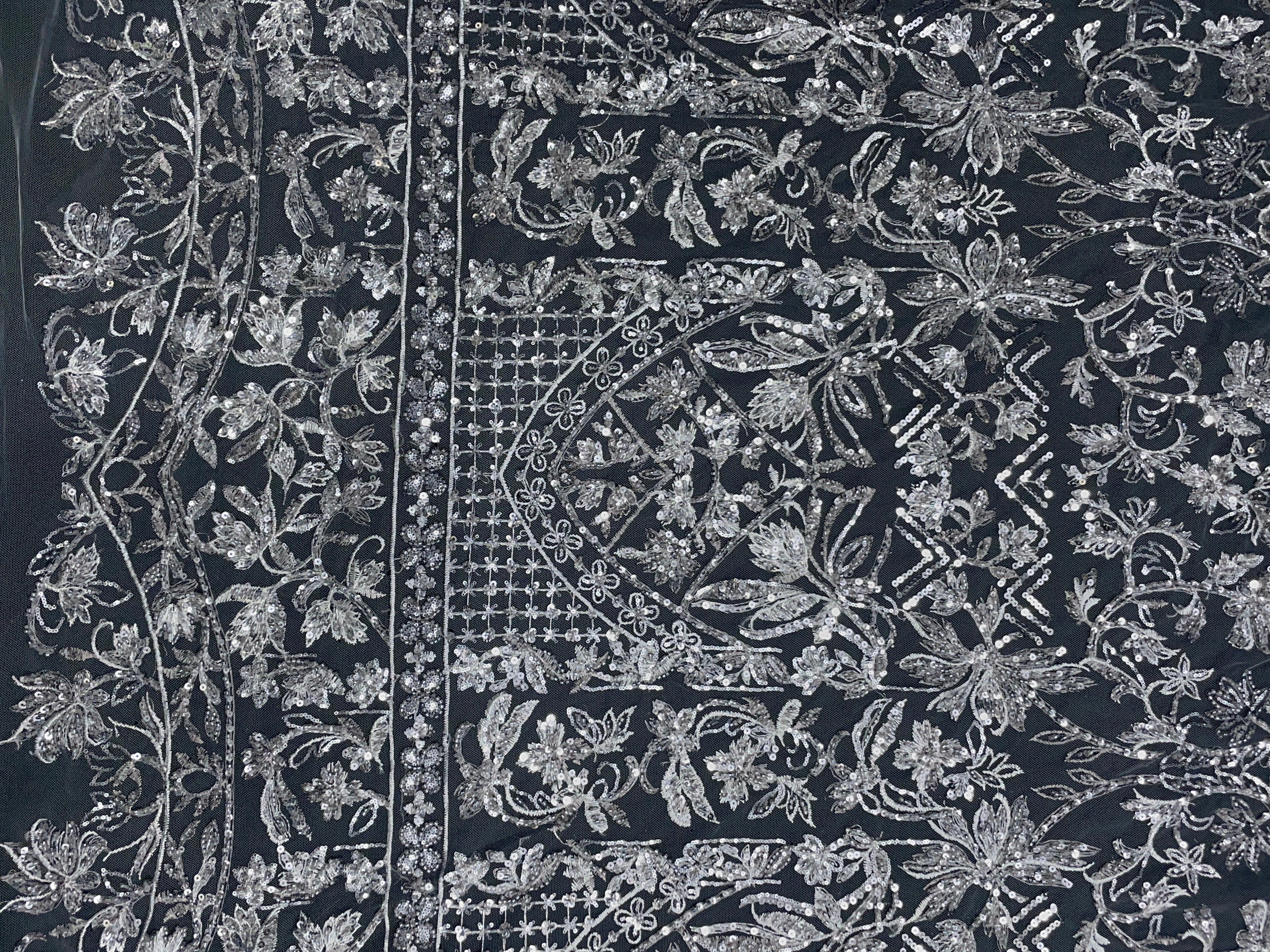 Grey Geometric Embroidered Net Fabric - Kapda Shop