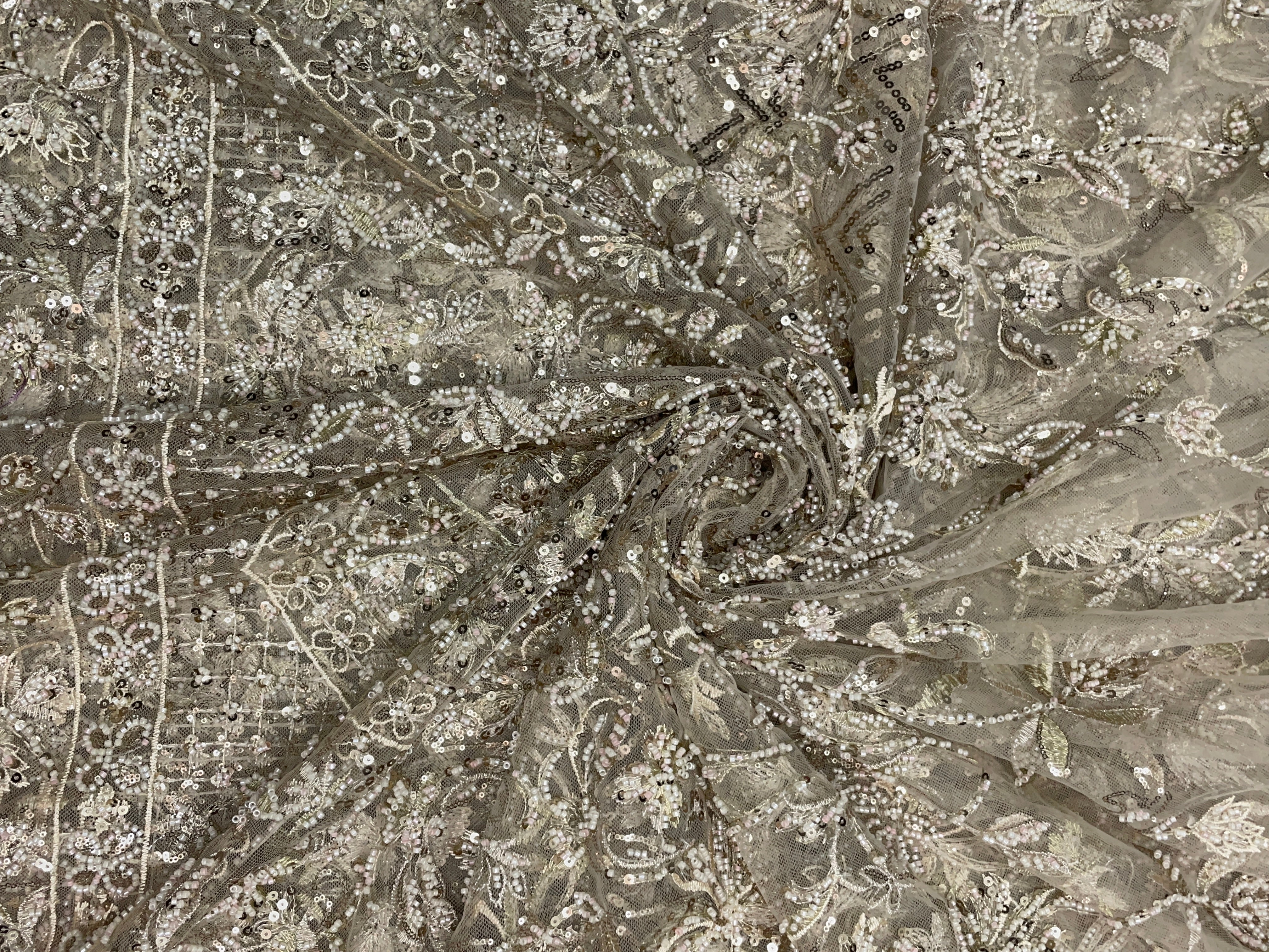 Light Gold Geometric Embroidered Net Fabric - Kapda Shop