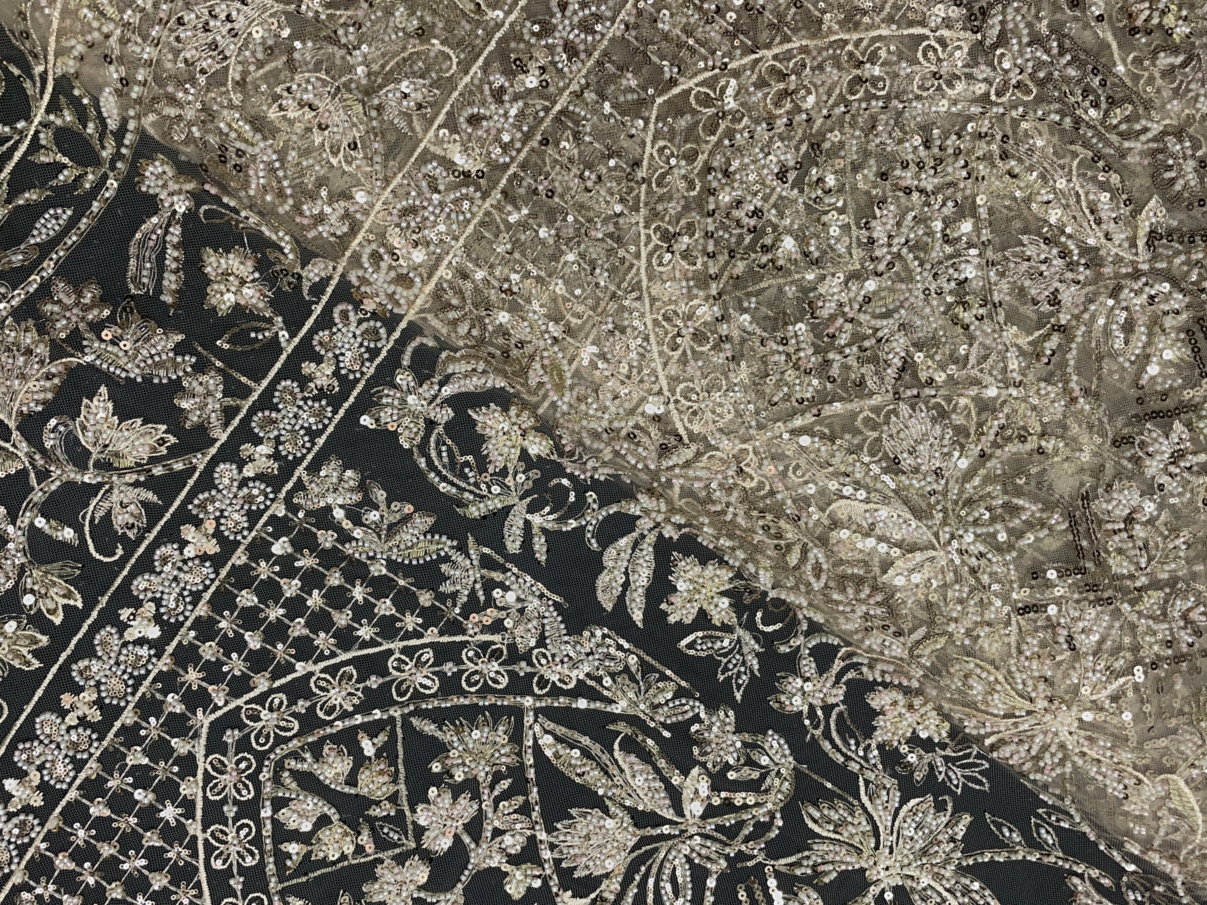 Light Gold Geometric Embroidered Net Fabric - Kapda Shop