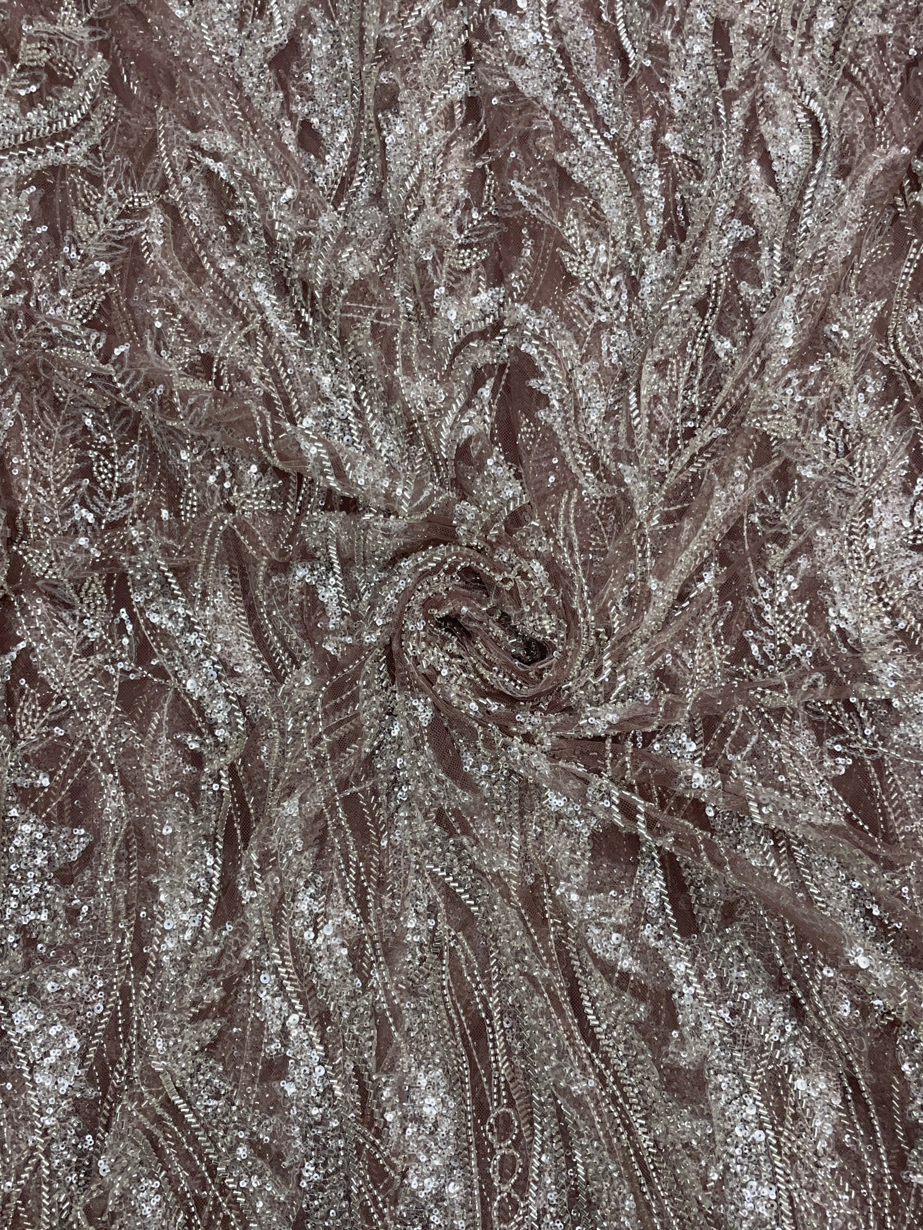 Light Brown Floral Cut Dana Embroidered Net Fabric - Kapda Shop