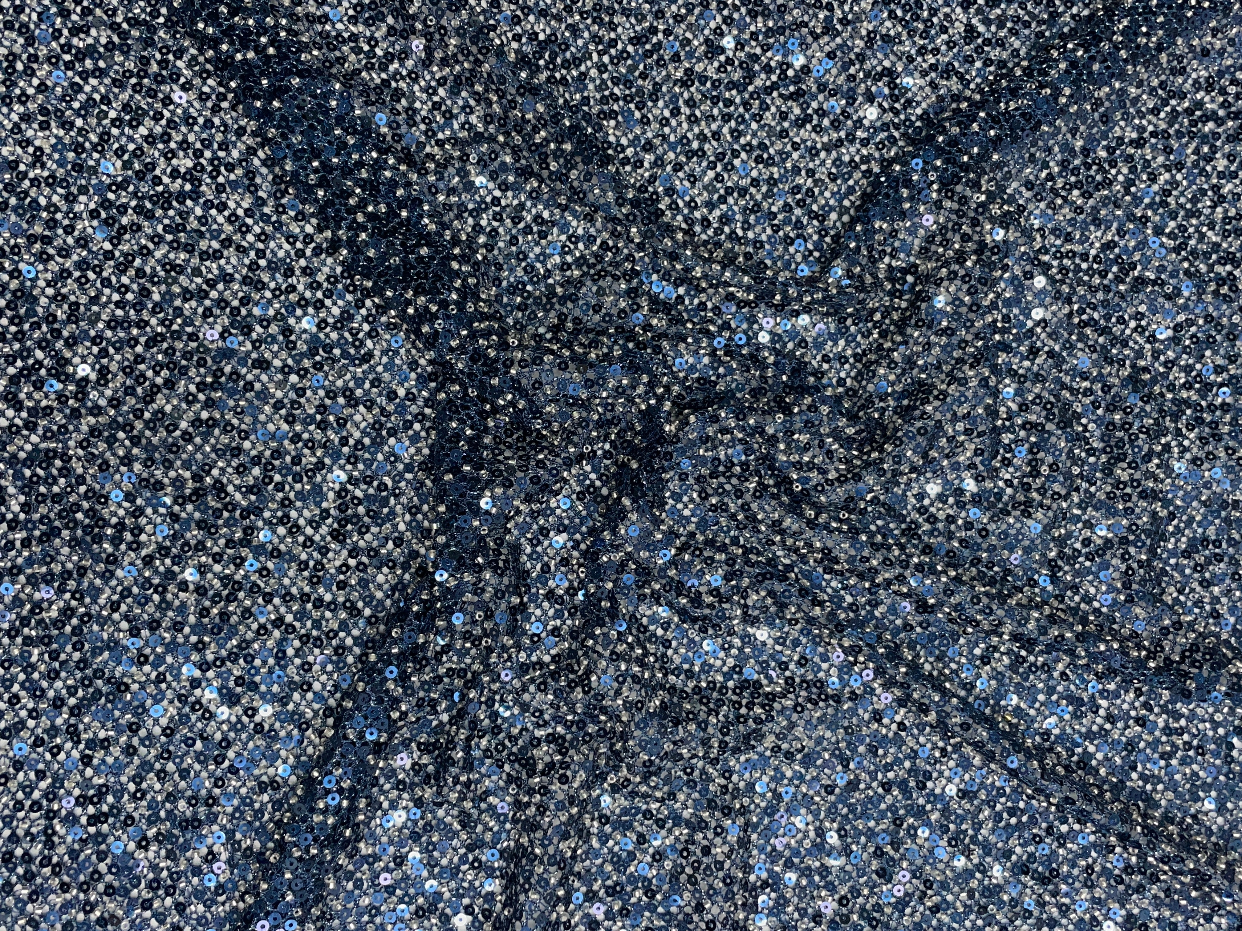 Navy Blue Abstract Lycra Sequence Fish Net Embroidered Fabric - Kapda Shop