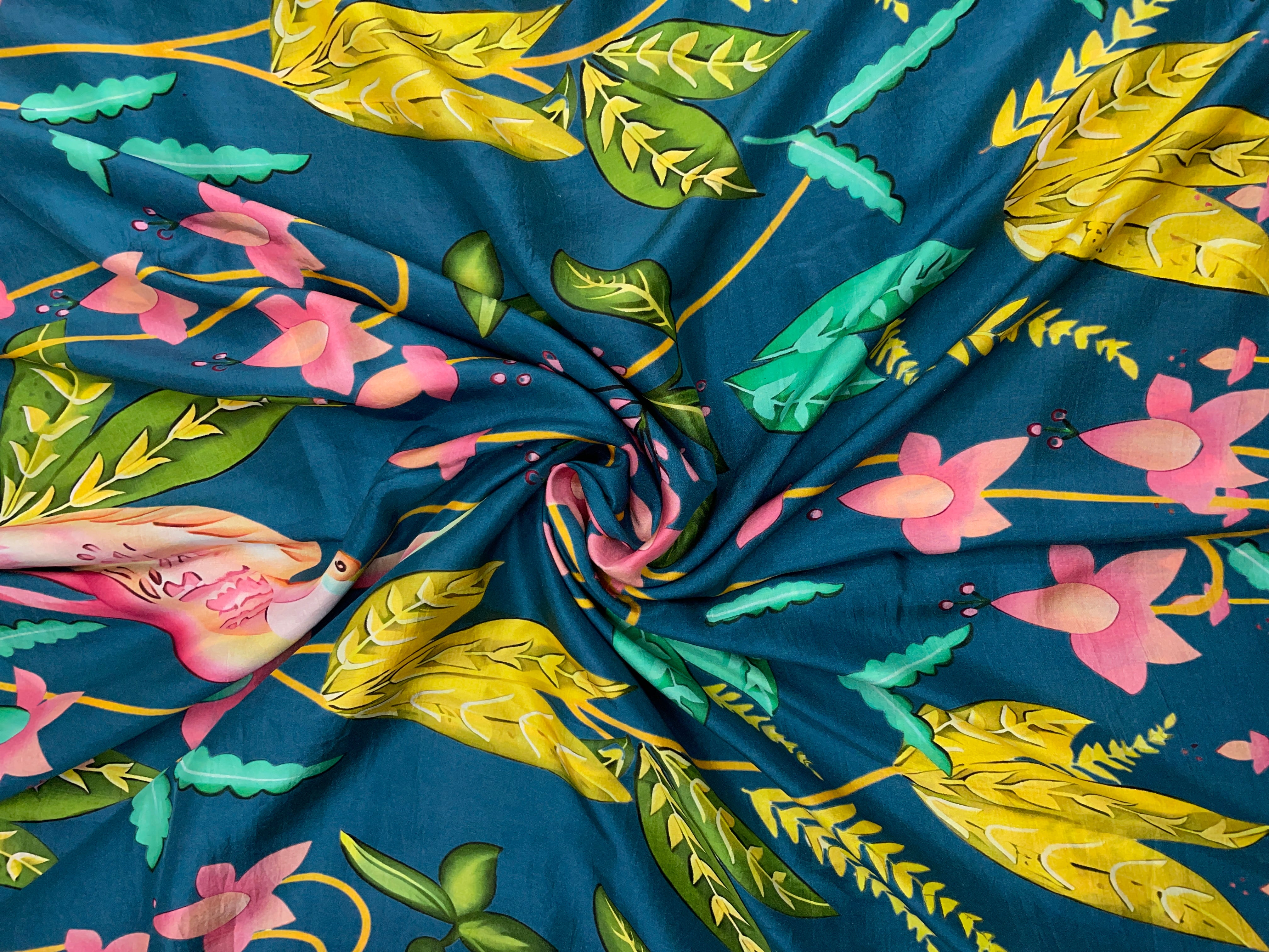 Teal Blue Floral Pure Dupion Silk Print Fabric - Kapda Shop