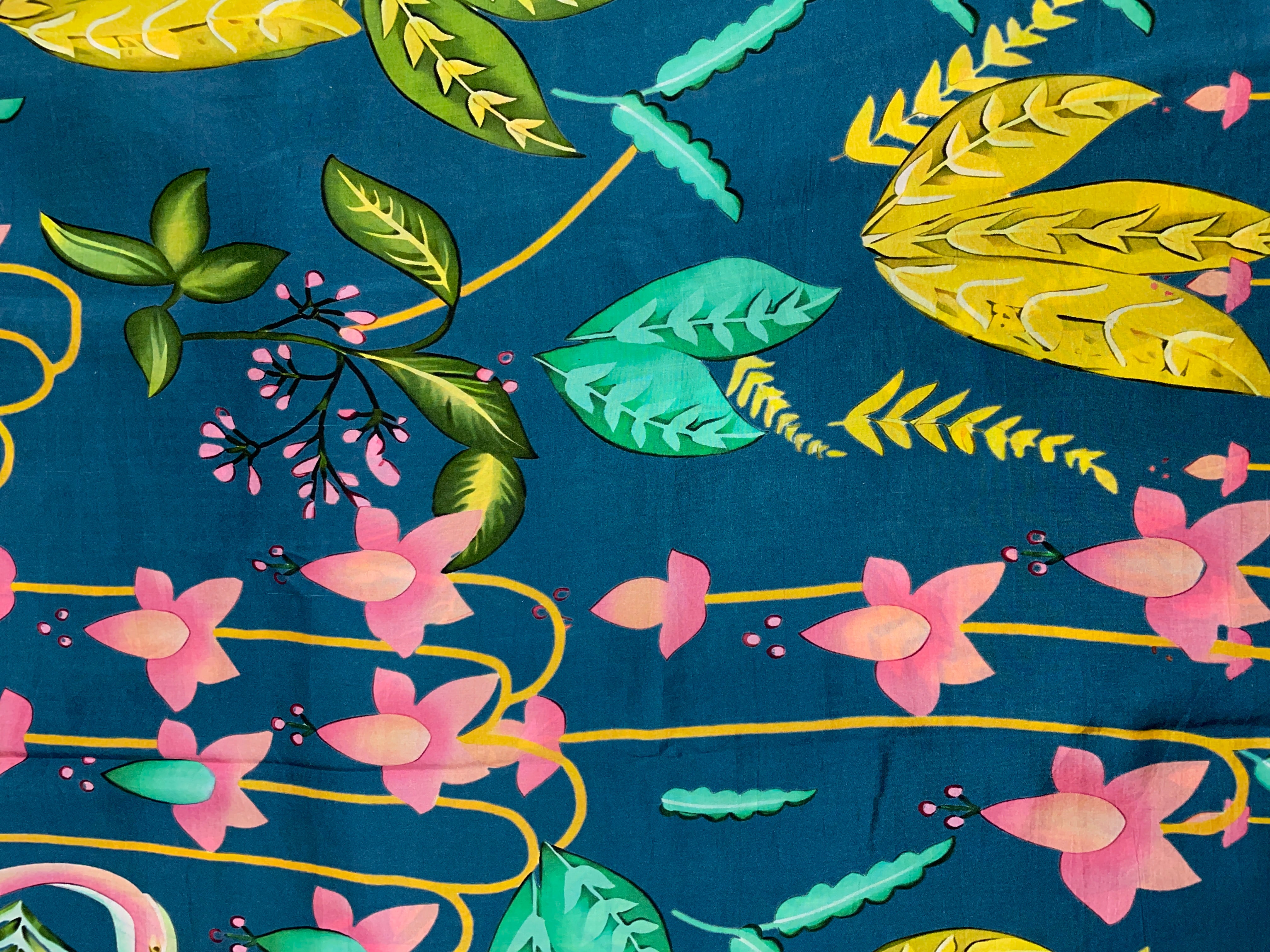 Teal Blue Floral Pure Dupion Silk Print Fabric - Kapda Shop