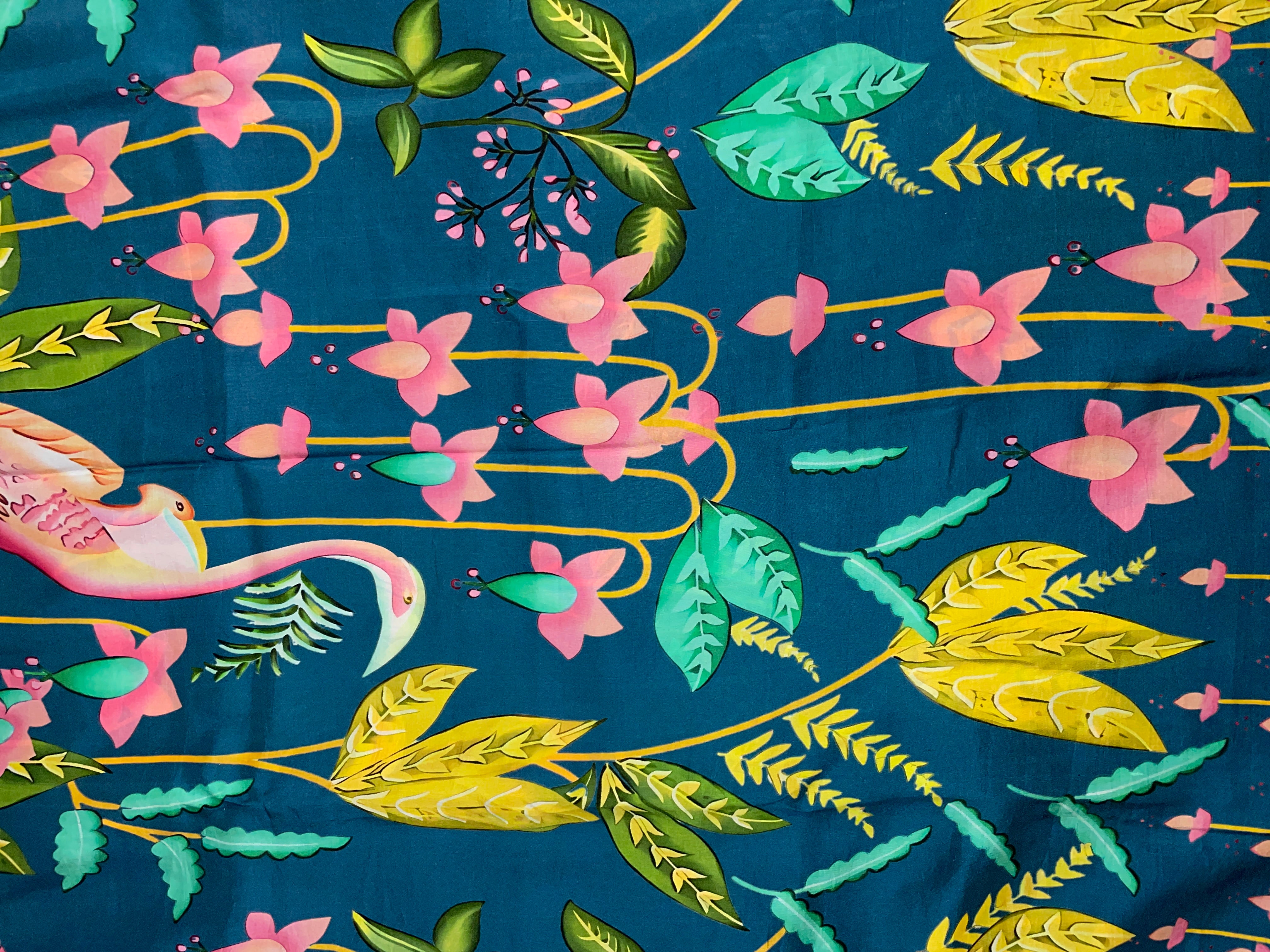 Teal Blue Floral Pure Dupion Silk Print Fabric - Kapda Shop