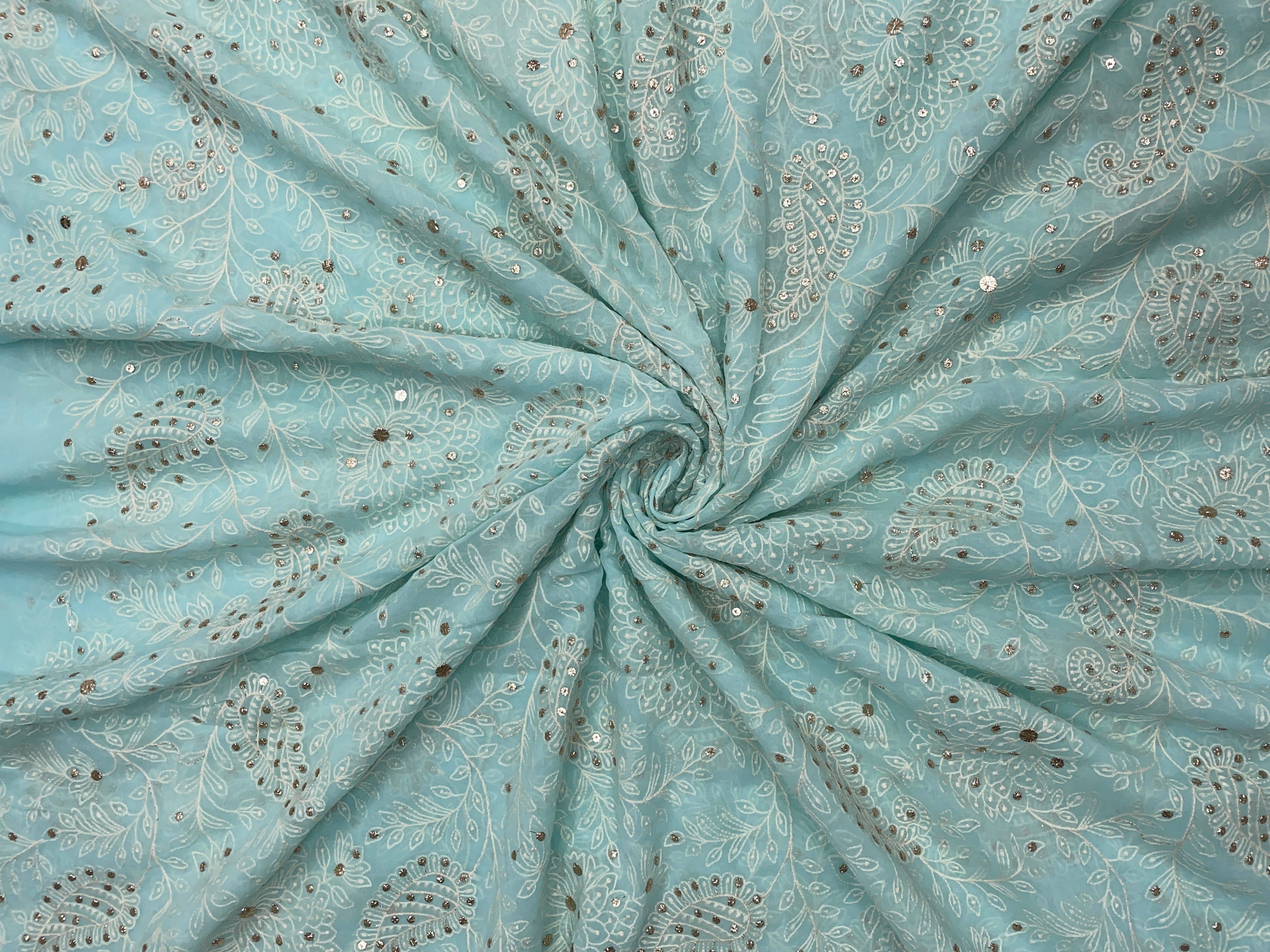 Sky Blue Floral Embroidered Georgette Fabric - Kapda Shop