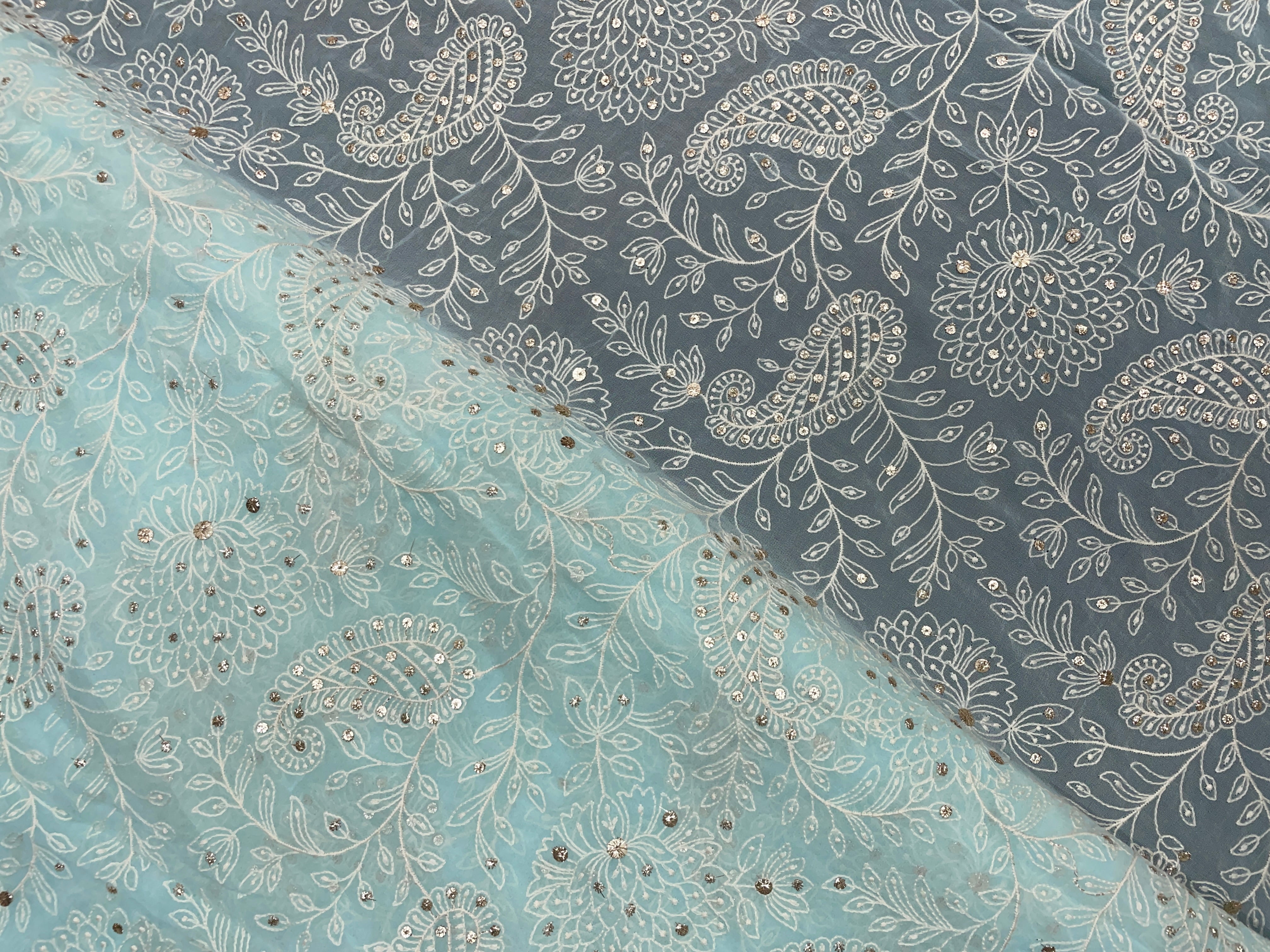 Sky Blue Floral Embroidered Georgette Fabric - Kapda Shop