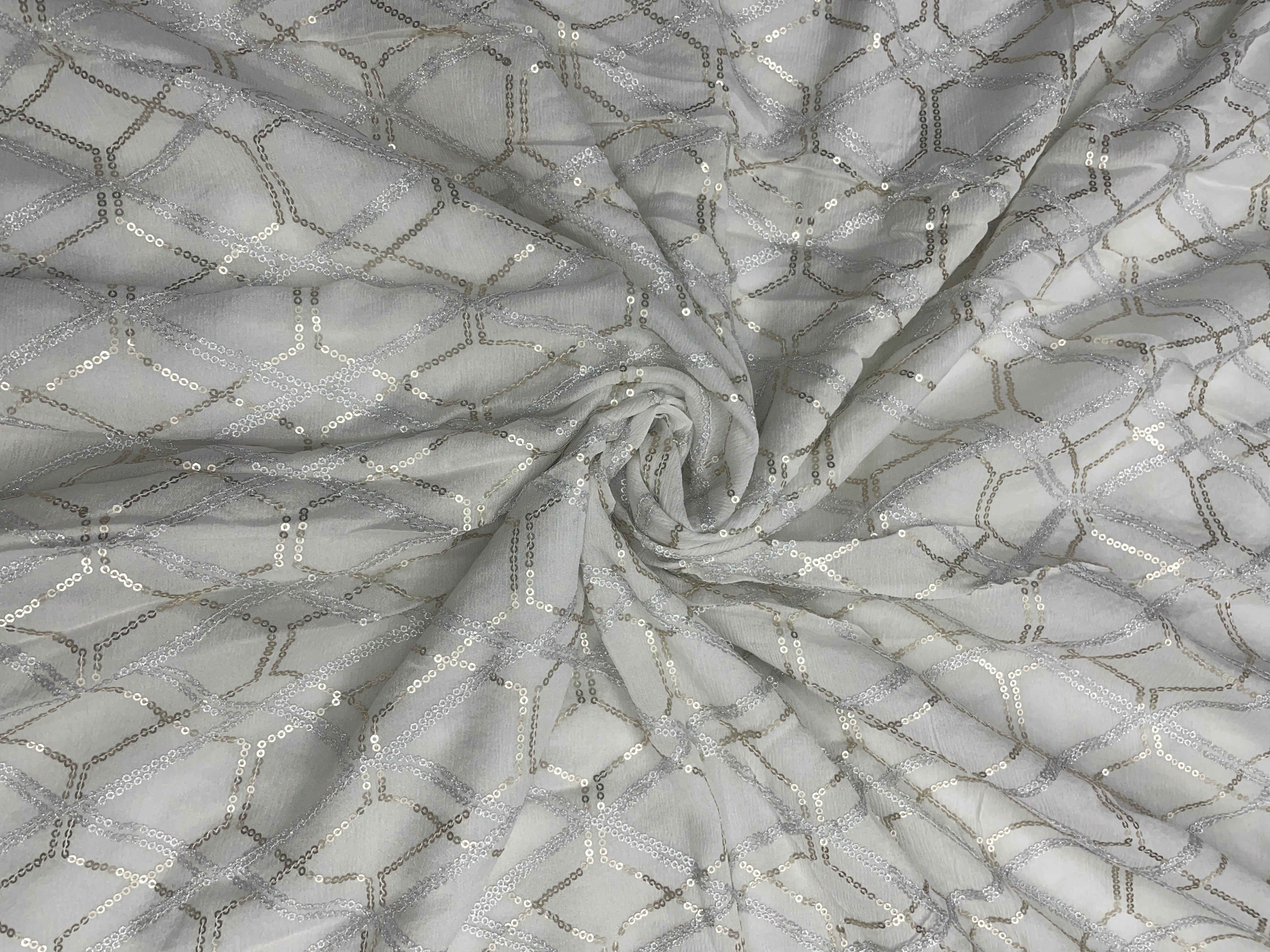 White Abstract Dyeable Chinon Embroidered Net Fabric - Kapda Shop