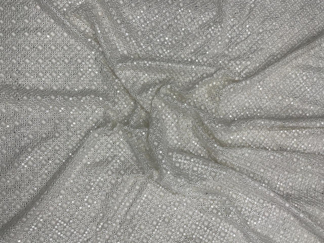 White Geometric Dyeable Embroidered Georgette Fabric - Kapda Shop