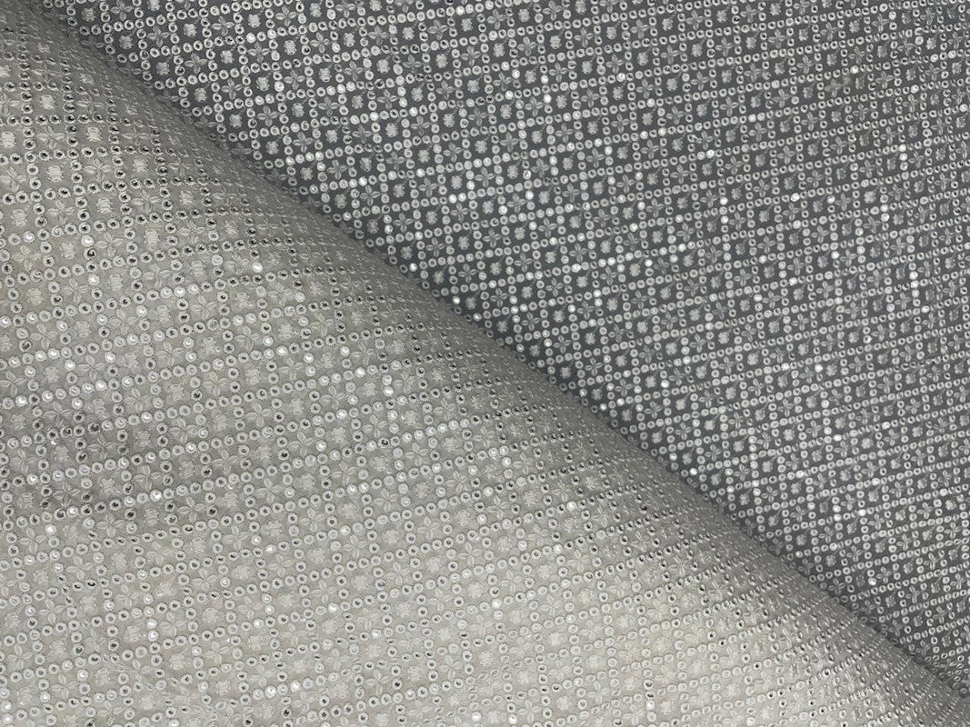 White Geometric Dyeable Embroidered Georgette Fabric - Kapda Shop