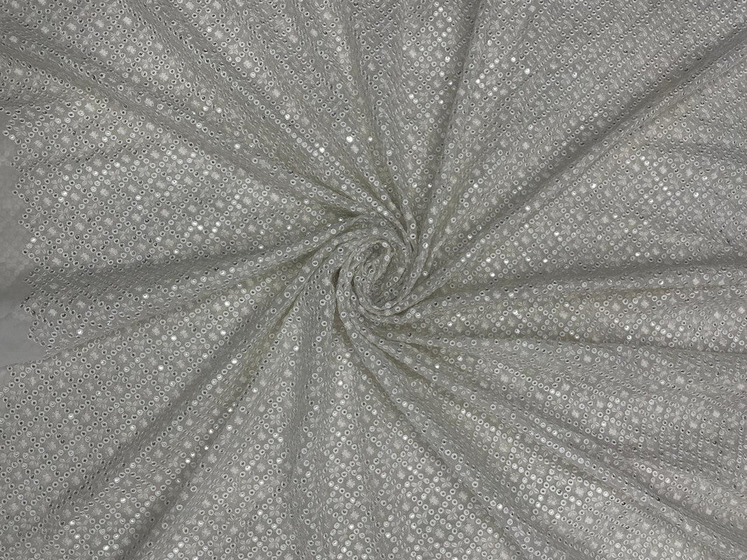 White Geometric Dyeable Embroidered Georgette Fabric - Kapda Shop