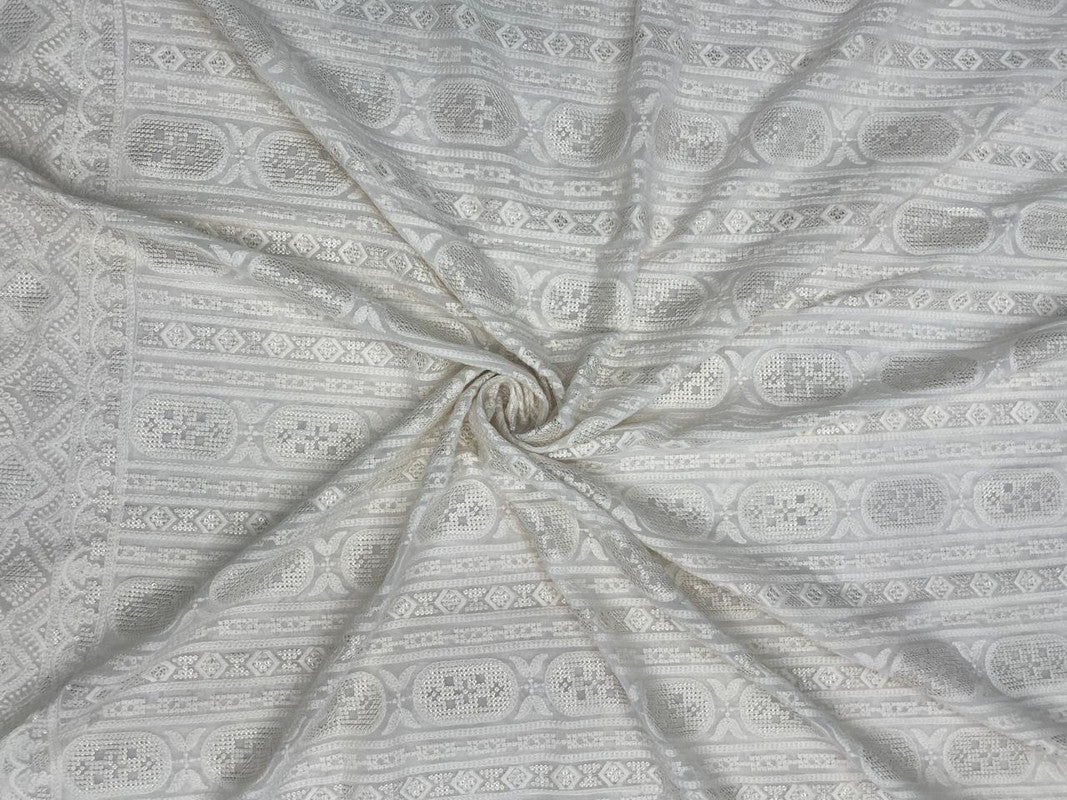 White Geometric Dyeable Embroidered Georgette Fabric - Kapda Shop