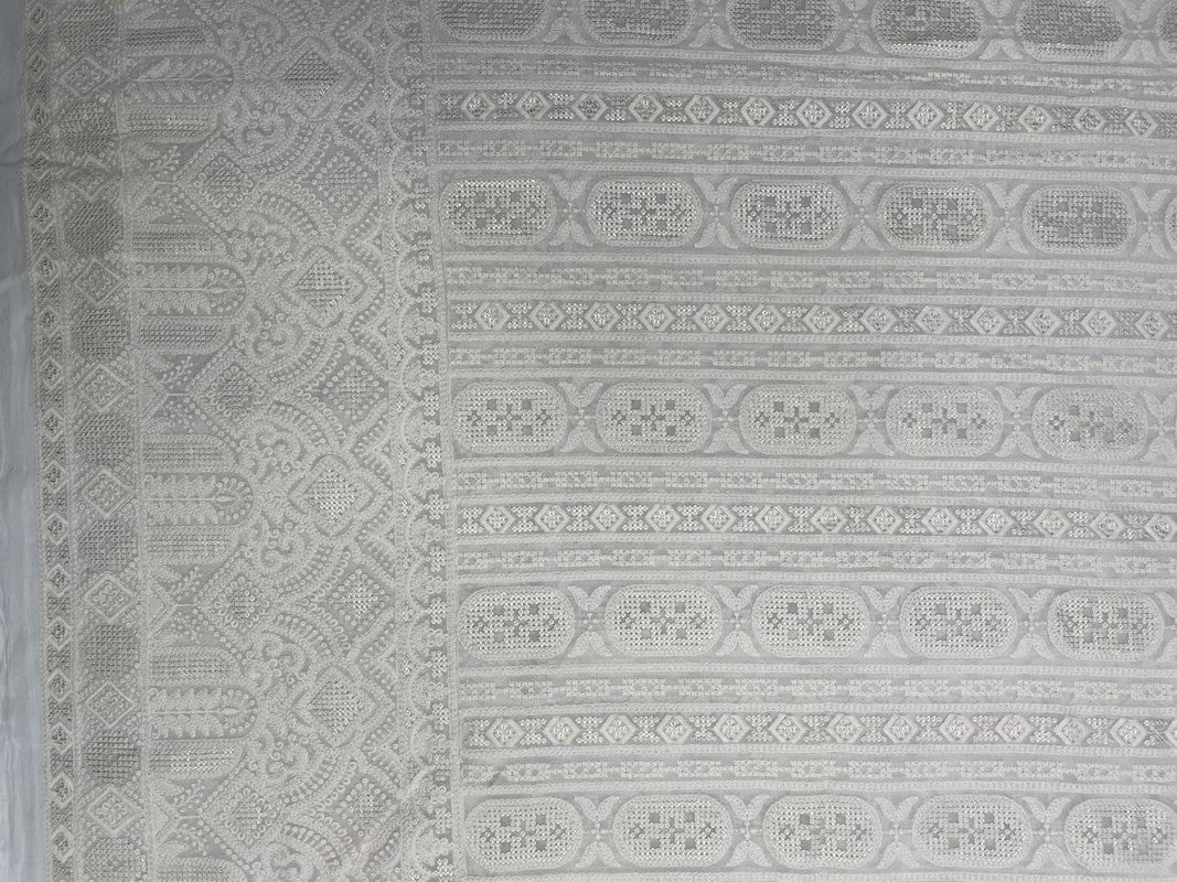 White Geometric Dyeable Embroidered Georgette Fabric - Kapda Shop