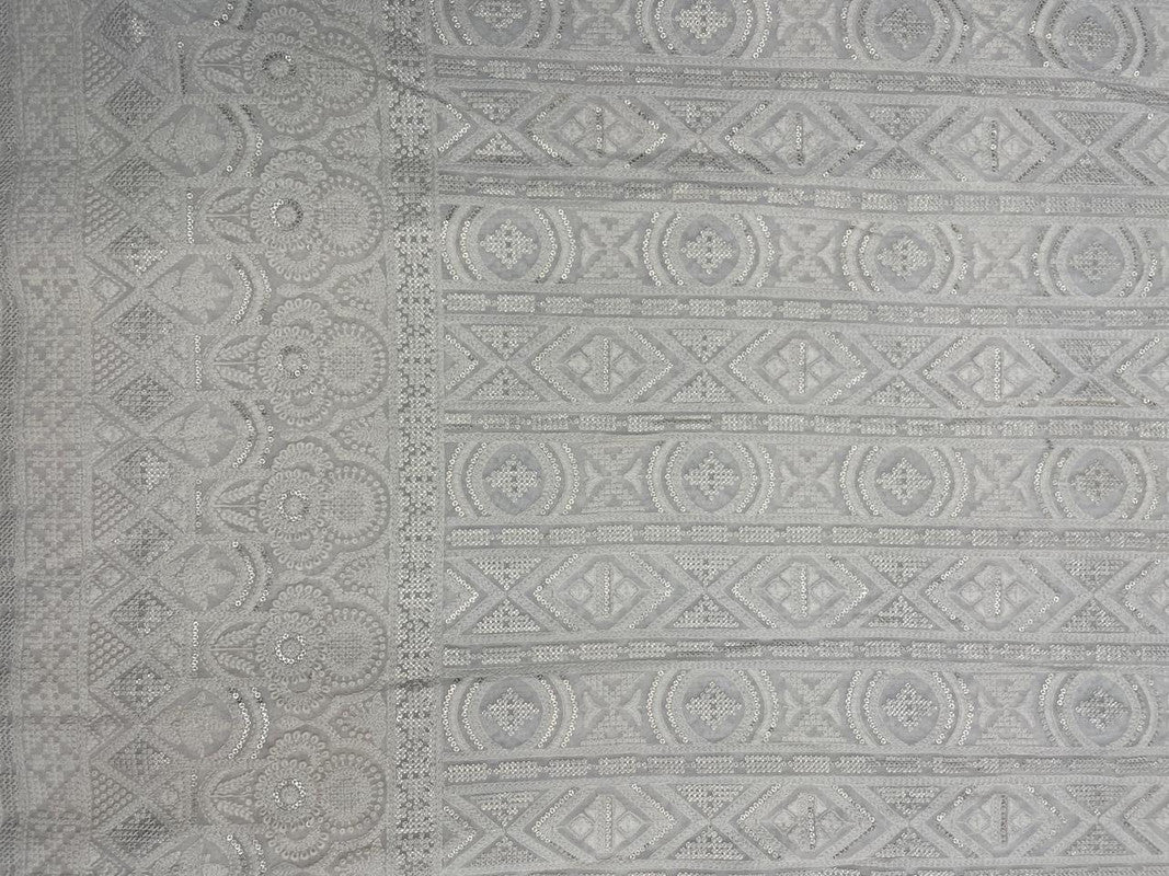White Geometric Dyeable Embroidered Georgette Fabric - Kapda Shop