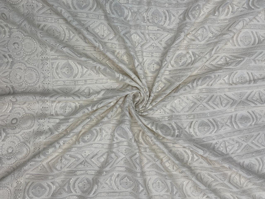 White Geometric Dyeable Embroidered Georgette Fabric - Kapda Shop