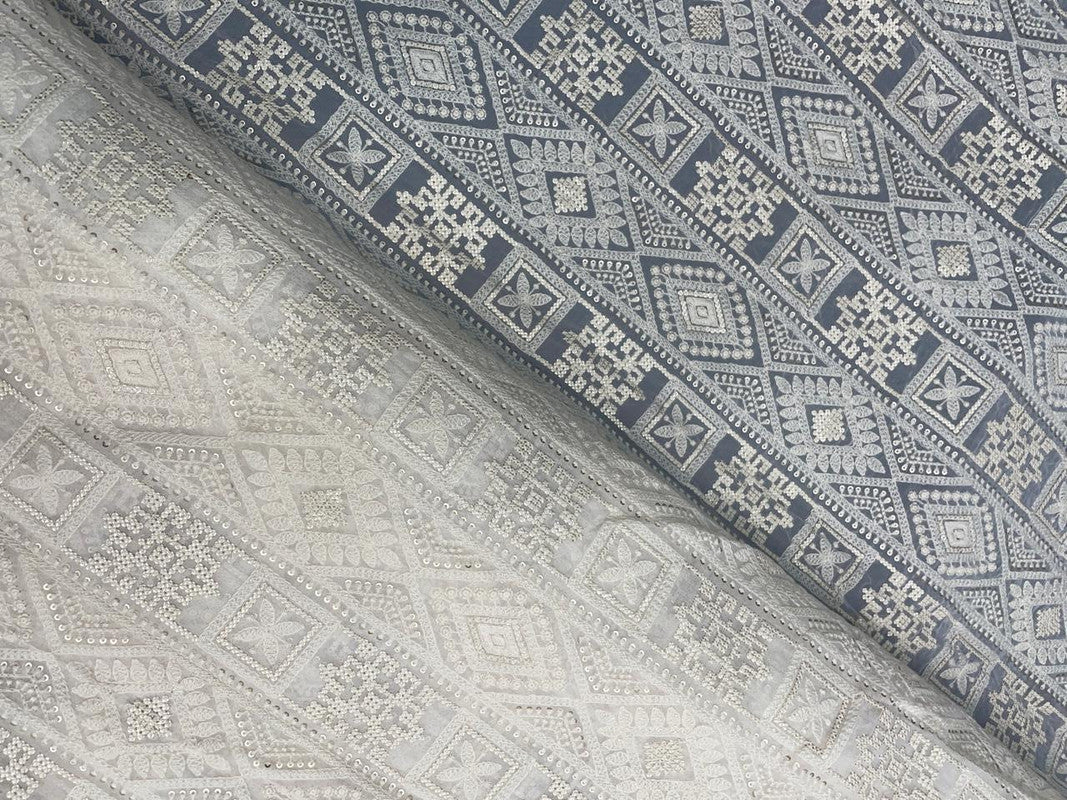 White Geometric Dyeable Embroidered Georgette Fabric - Kapda Shop