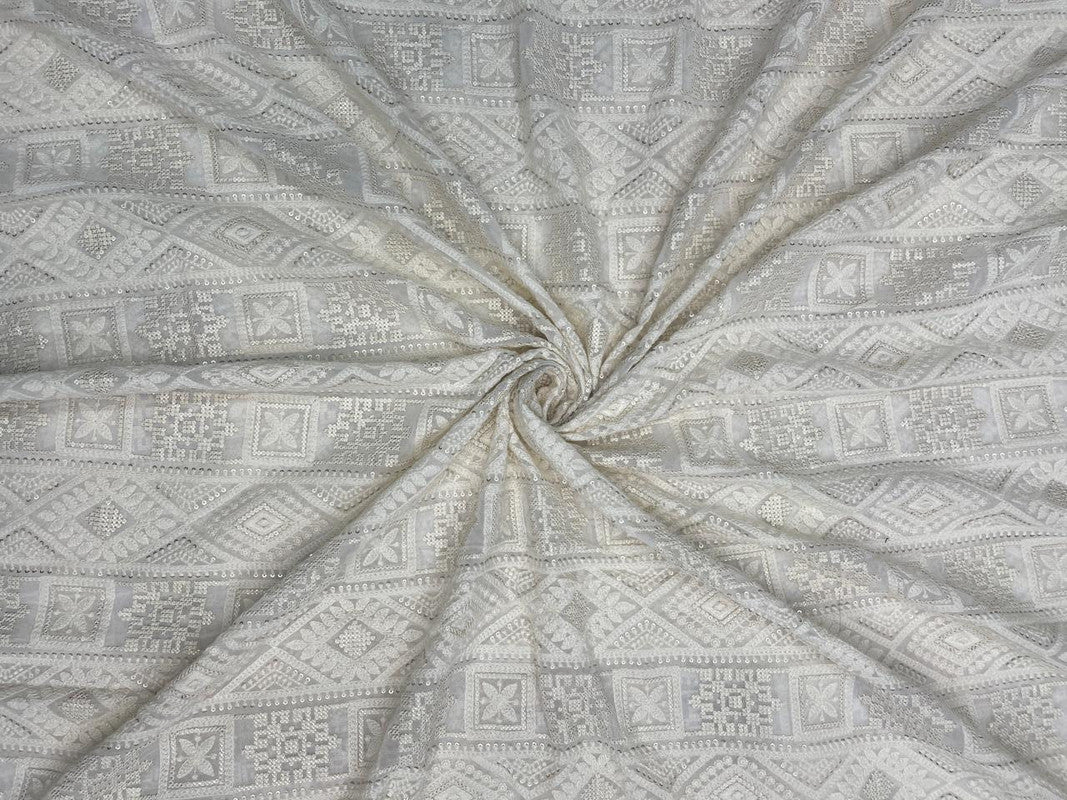White Geometric Dyeable Embroidered Georgette Fabric - Kapda Shop