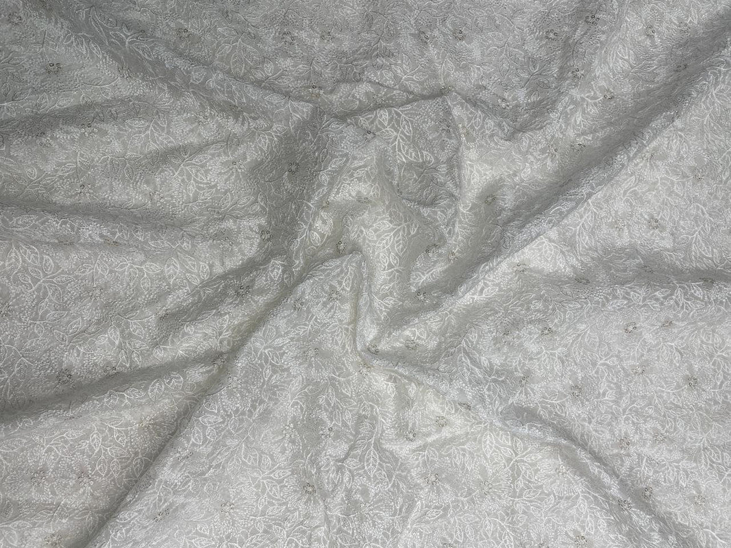 White Dyeable Floral Embroidered Organza Fabric - Kapda Shop