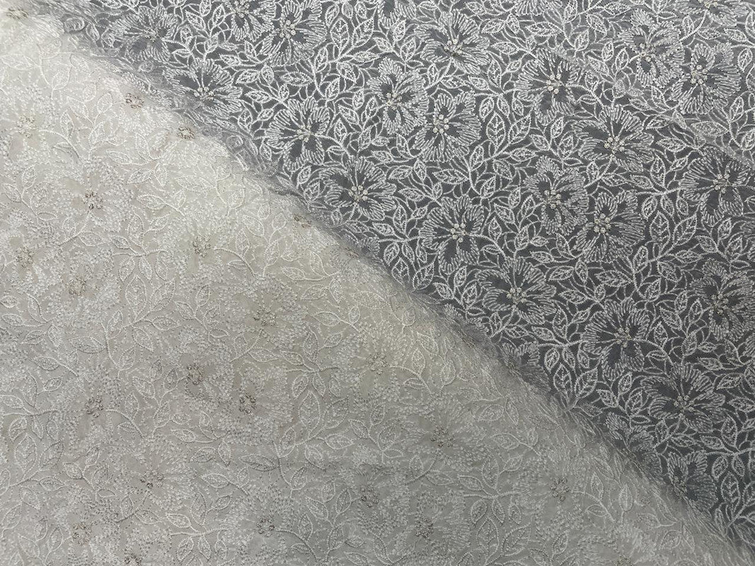 White Dyeable Floral Embroidered Organza Fabric - Kapda Shop