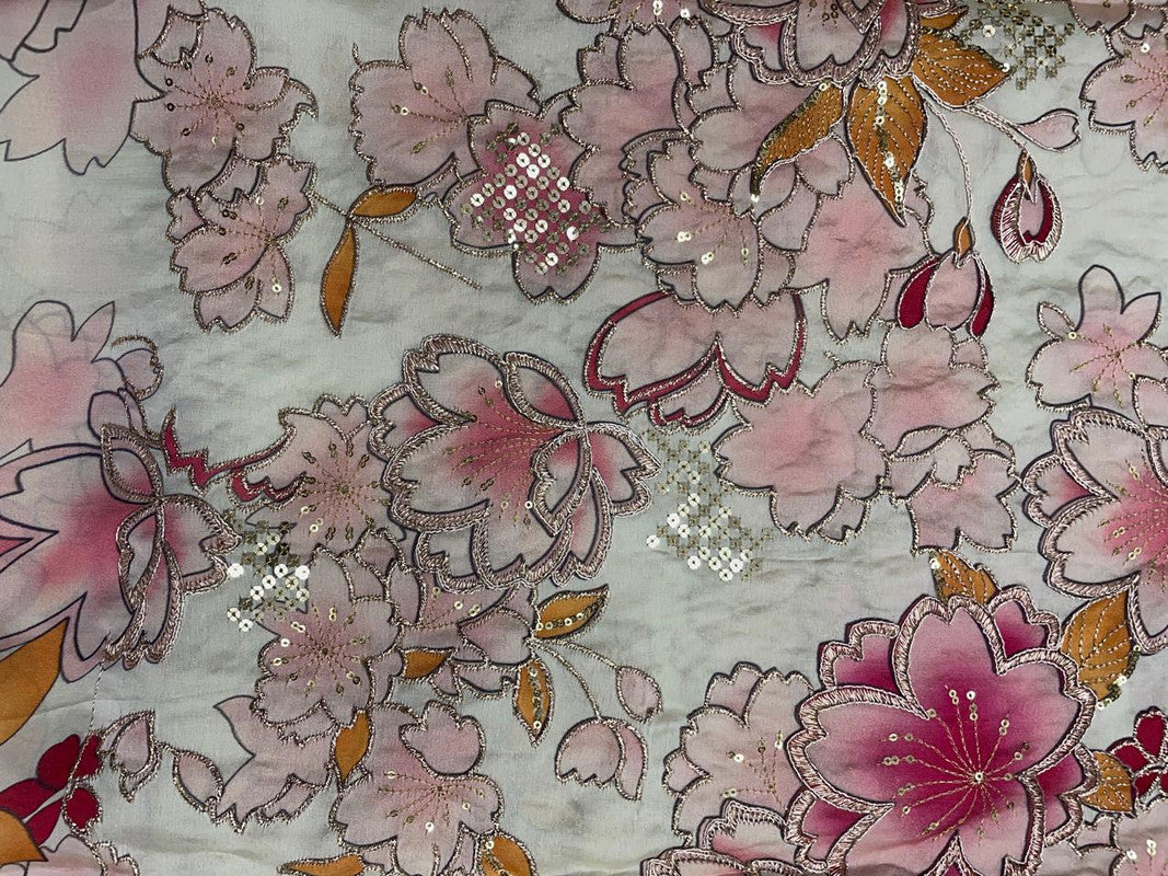 Multicolor Floral Embroidered Satin Tissue Fabric - Kapda Shop