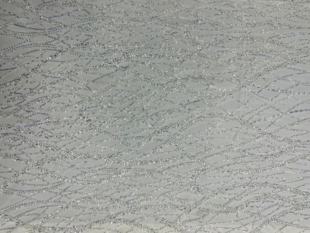 White Abstract Embroiderd Net Fabric - Kapda Shop