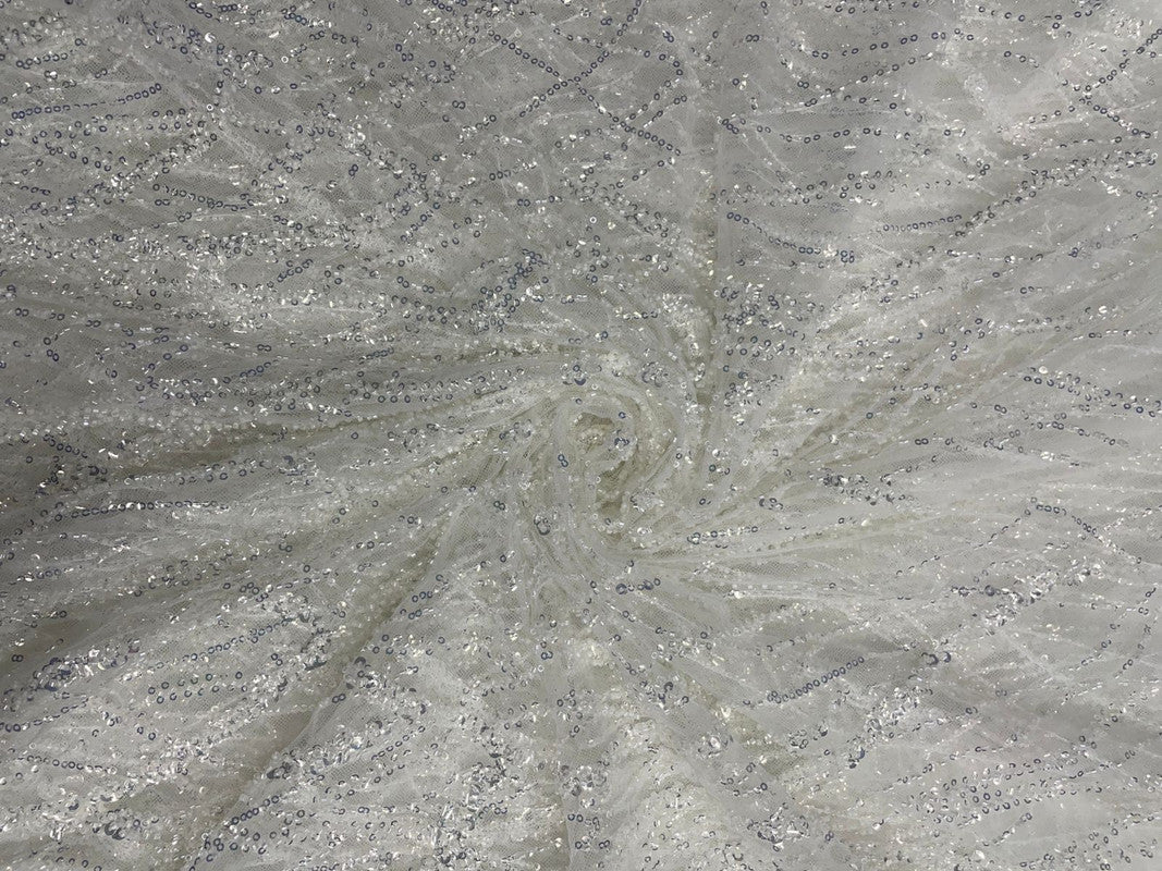 White Abstract Embroiderd Net Fabric - Kapda Shop