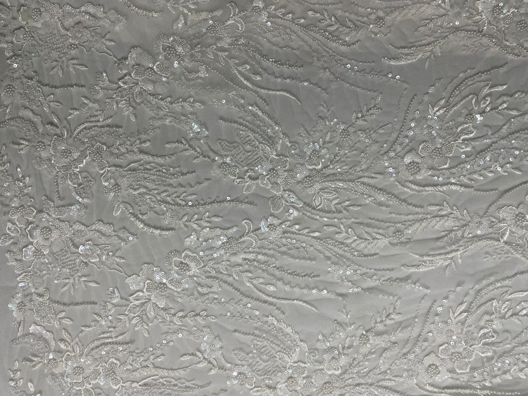 White Floral Embroiderd Net Fabric - Kapda Shop