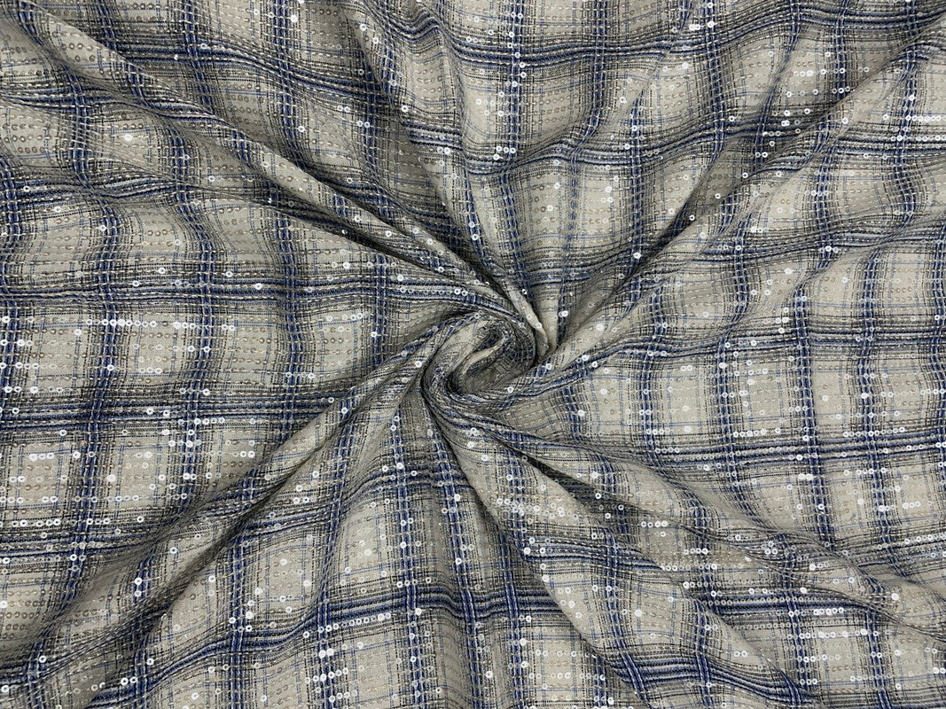 White & Blue Checks Sequence Tencil Denim Fabric - Kapda Shop