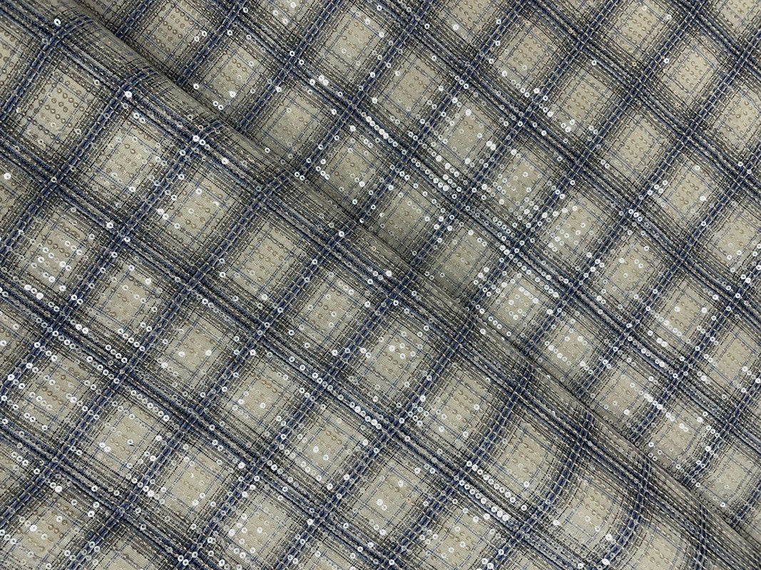 White & Blue Checks Sequence Tencil Denim Fabric - Kapda Shop
