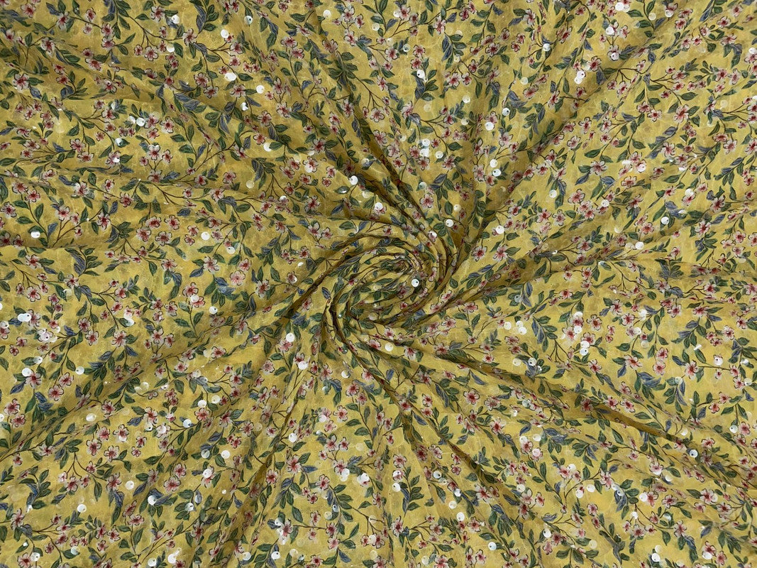 Yellow Floral Flat Sequence Chiffon Fabric - Kapda Shop