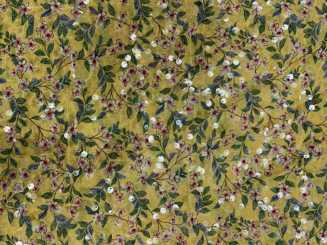 Yellow Floral Flat Sequence Chiffon Fabric - Kapda Shop