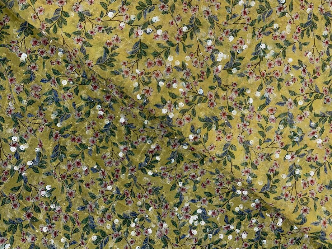 Yellow Floral Flat Sequence Chiffon Fabric - Kapda Shop