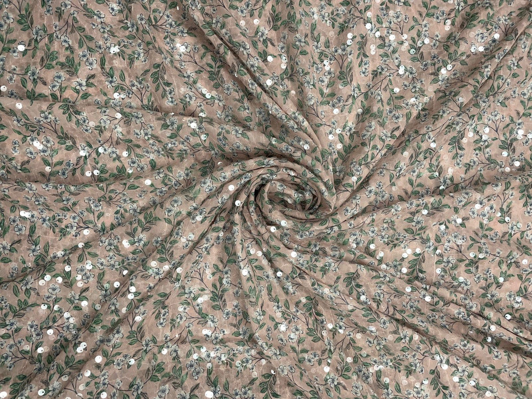 Light Beige Floral Flat Sequence Chiffon Fabric - Kapda Shop