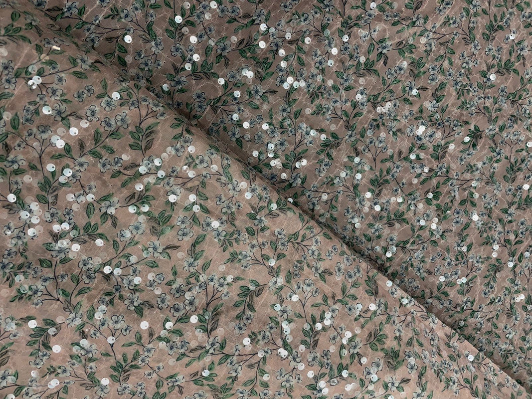 Light Beige Floral Flat Sequence Chiffon Fabric - Kapda Shop