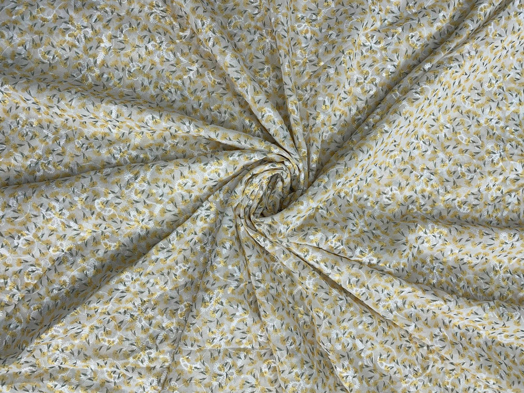 Yellow Floral Flat Embroiderd Chiffon Fabric - Kapda Shop