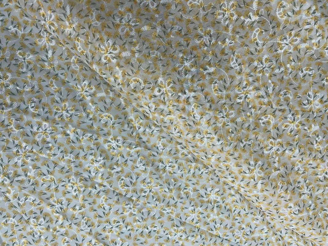 Yellow Floral Flat Embroiderd Chiffon Fabric - Kapda Shop