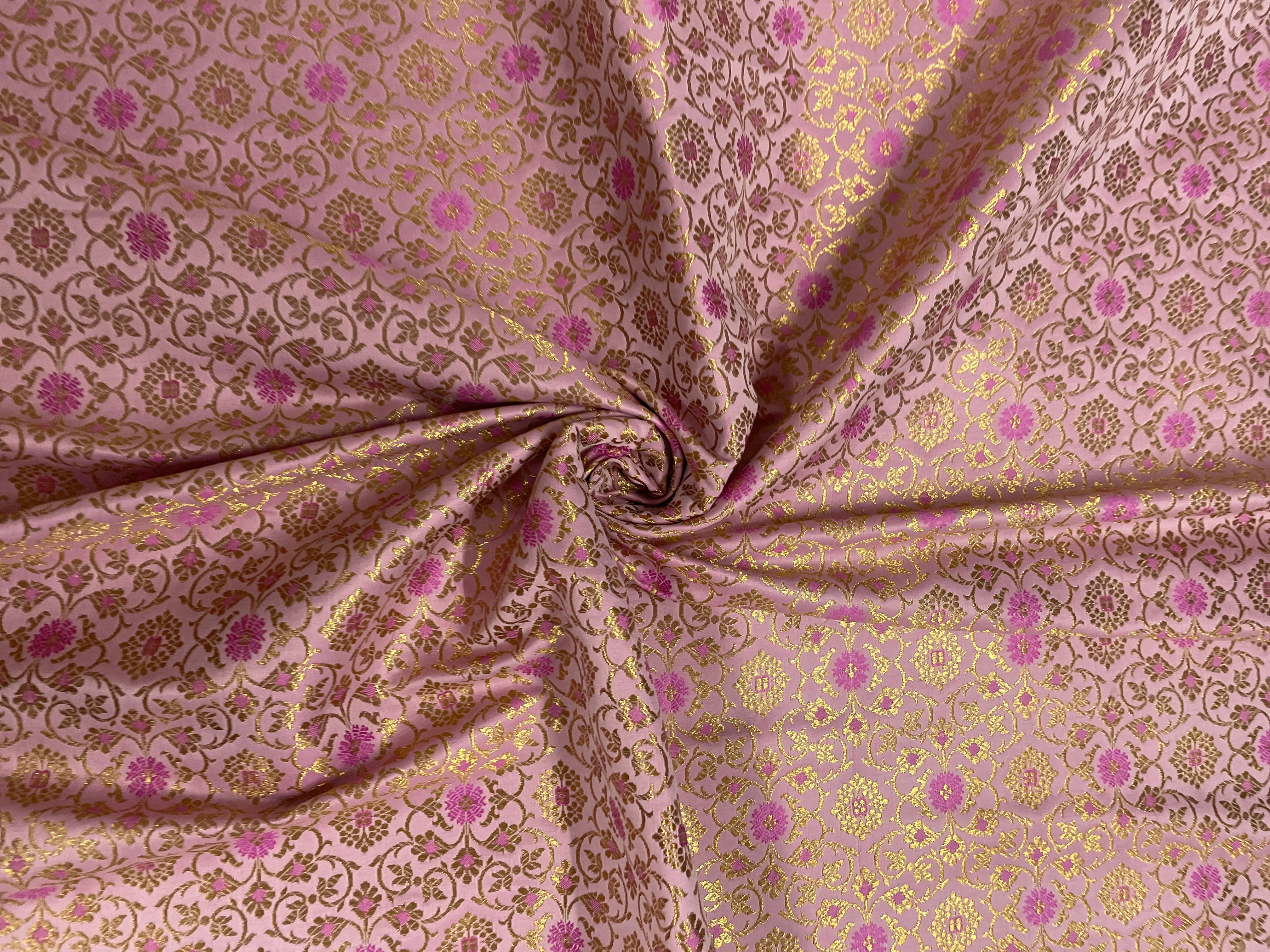 Pink Floral Semi Brocade Fabric Kapdashop