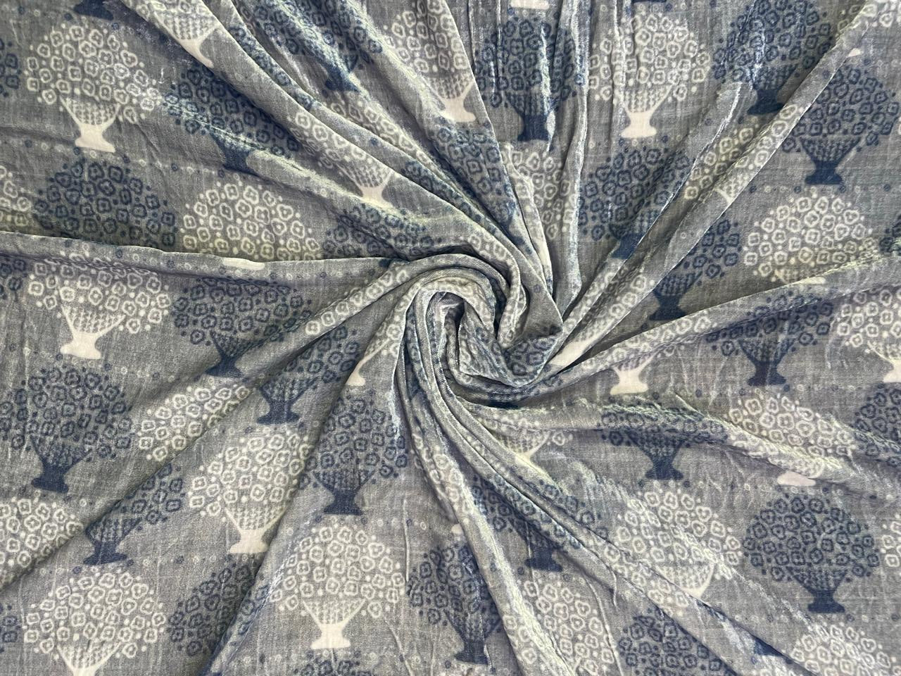 Grey Floral Pure Velvet Fabric - Kapda Shop