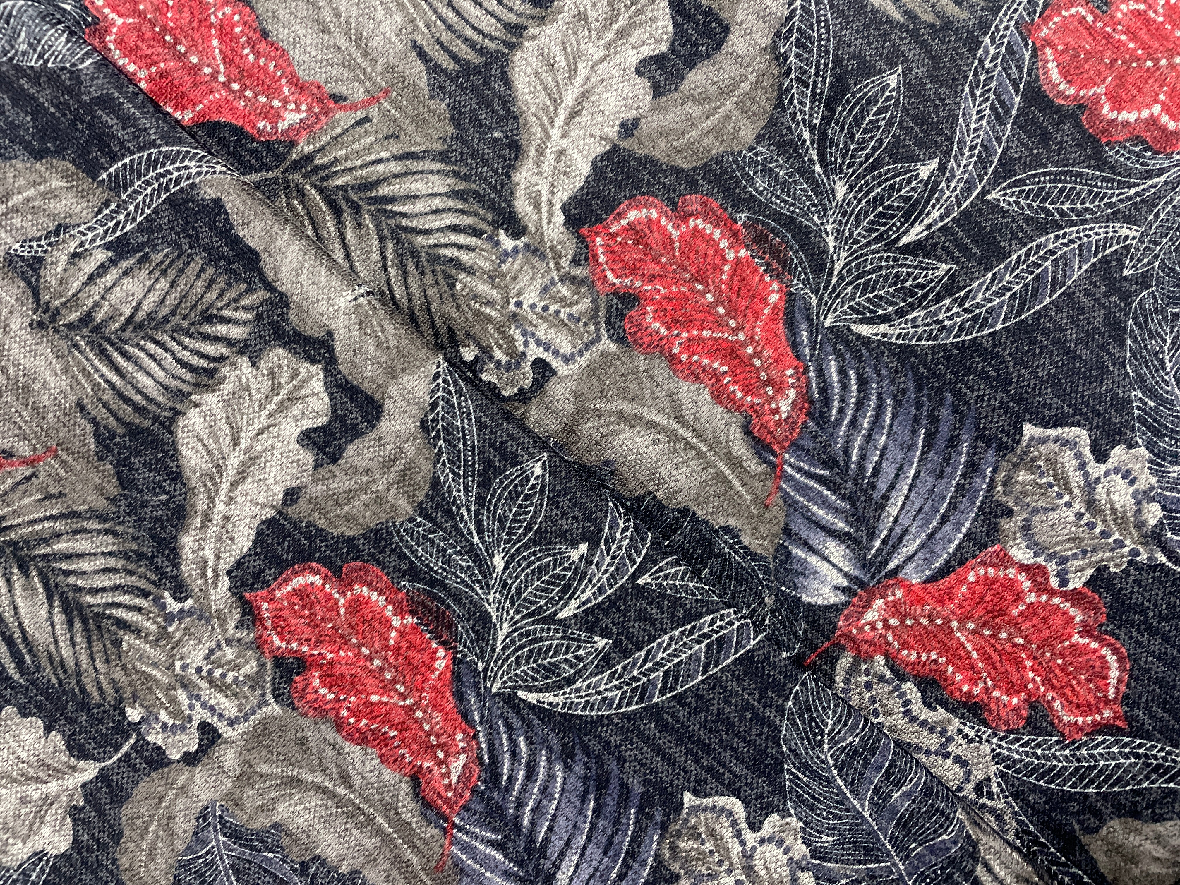Navy Blue Red Floral Karachi Lycra Fabric - Kapda Shop